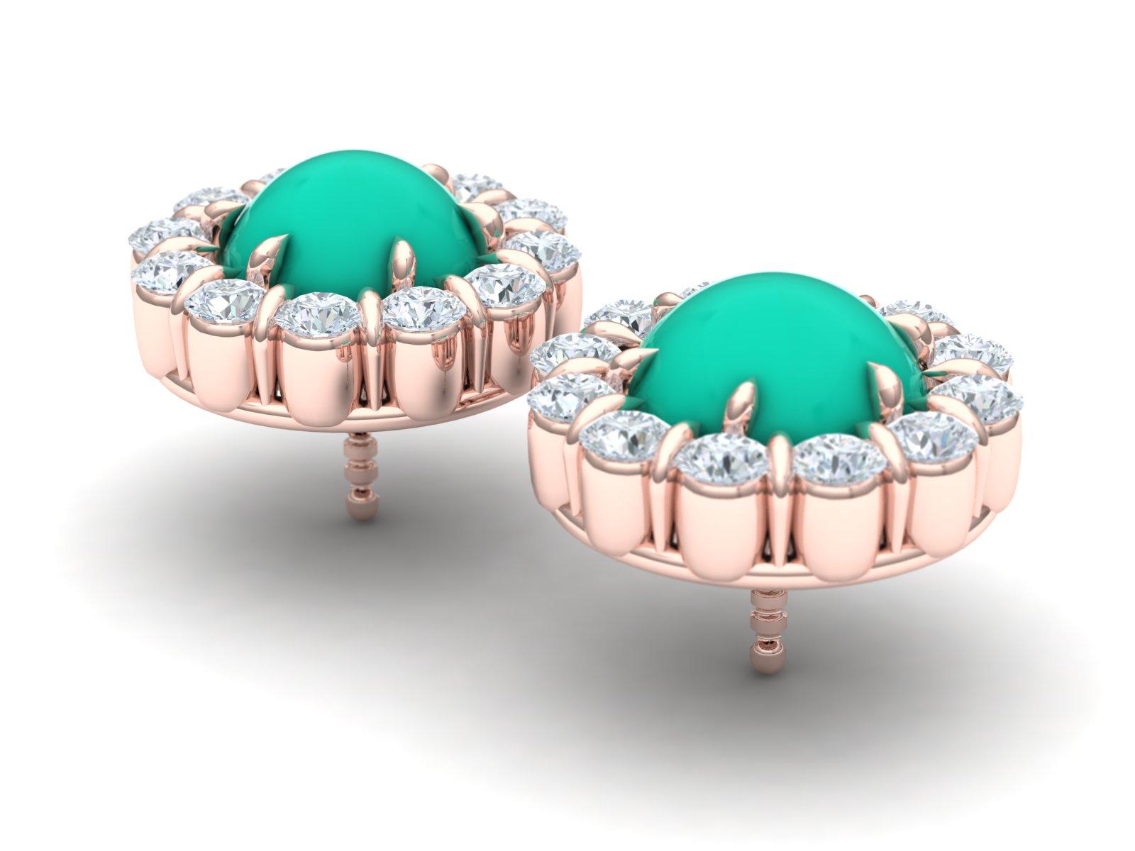 These classic and timeless earrings are a clean crisp white from the diamonds paired with a even teal color turquoise and rose gold.  The center stones of each earring is a round cabochon turquoise that measures apprx. 6mm.  The center stone is