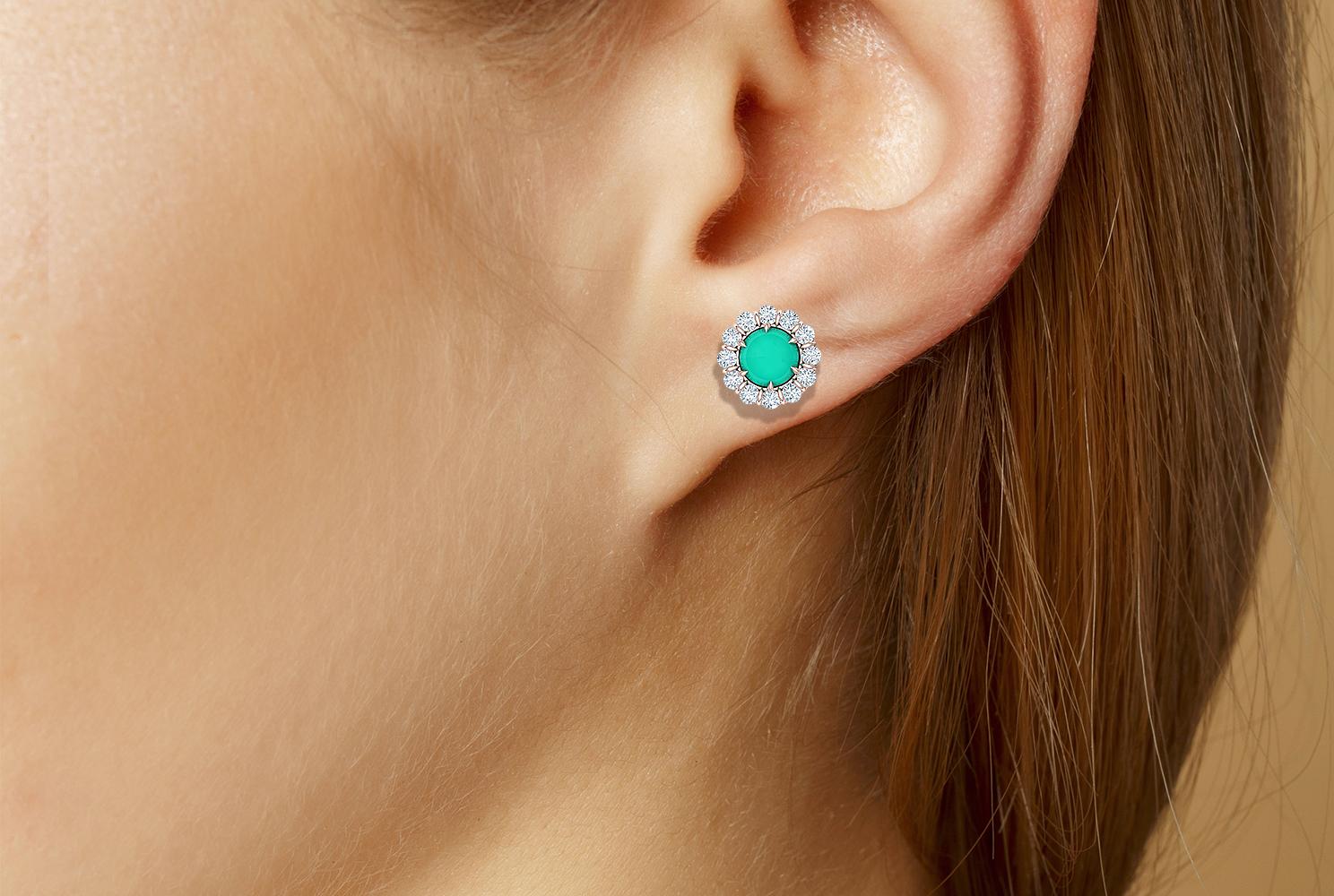 Round Cut 2.75 Carat Turquoise and Diamond Rose Gold Earrings For Sale