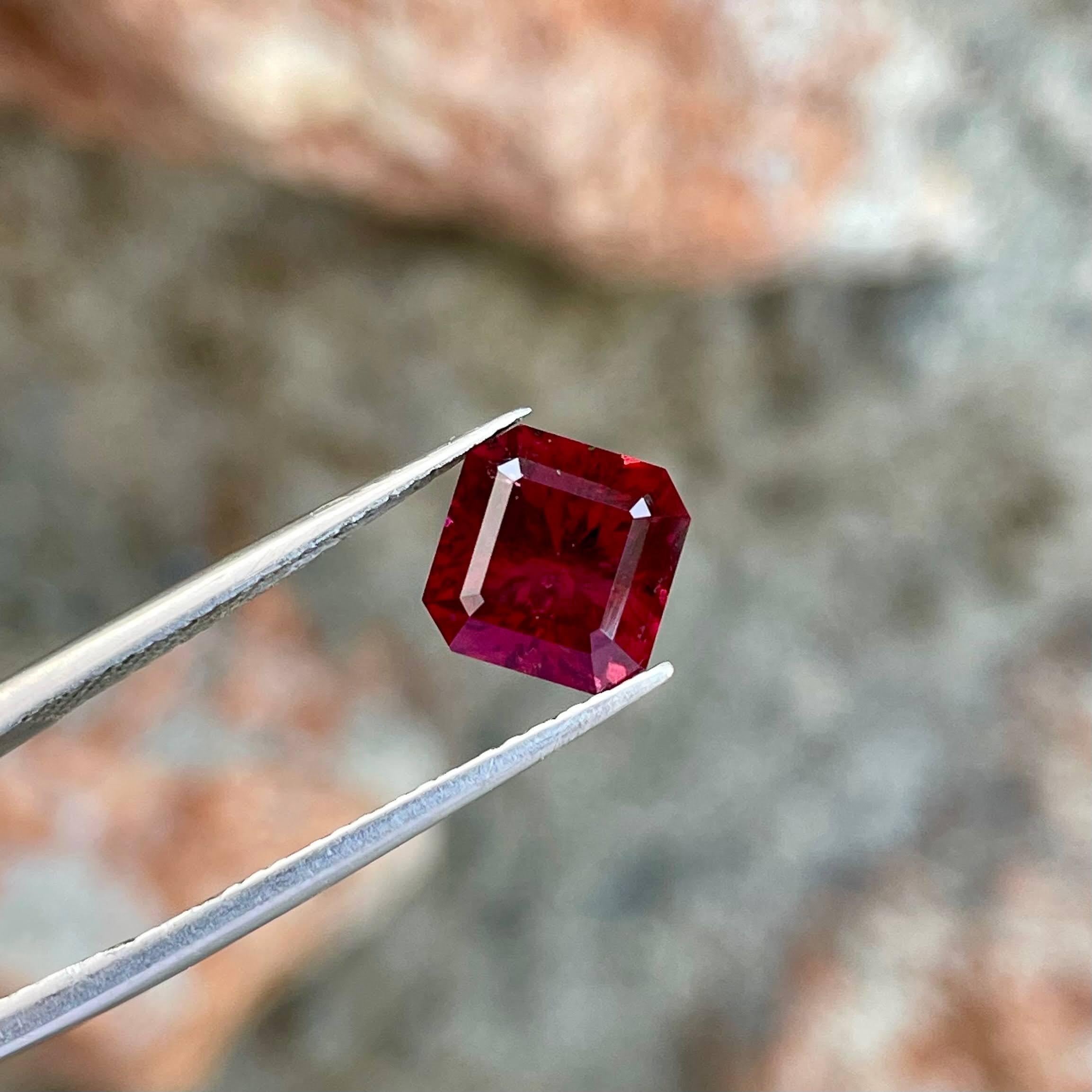 Weight 2.75 carats 
Dimensions 7.3x7.2x5.52 mm
Treatment none 
Origin Africa 
Clarity SI 
Shape octagon 
Cut Asscher 




Behold the exquisite allure of this 2.75 carat Vivid Red Garnet Stone, fashioned in the revered Asscher cut, emanating from the