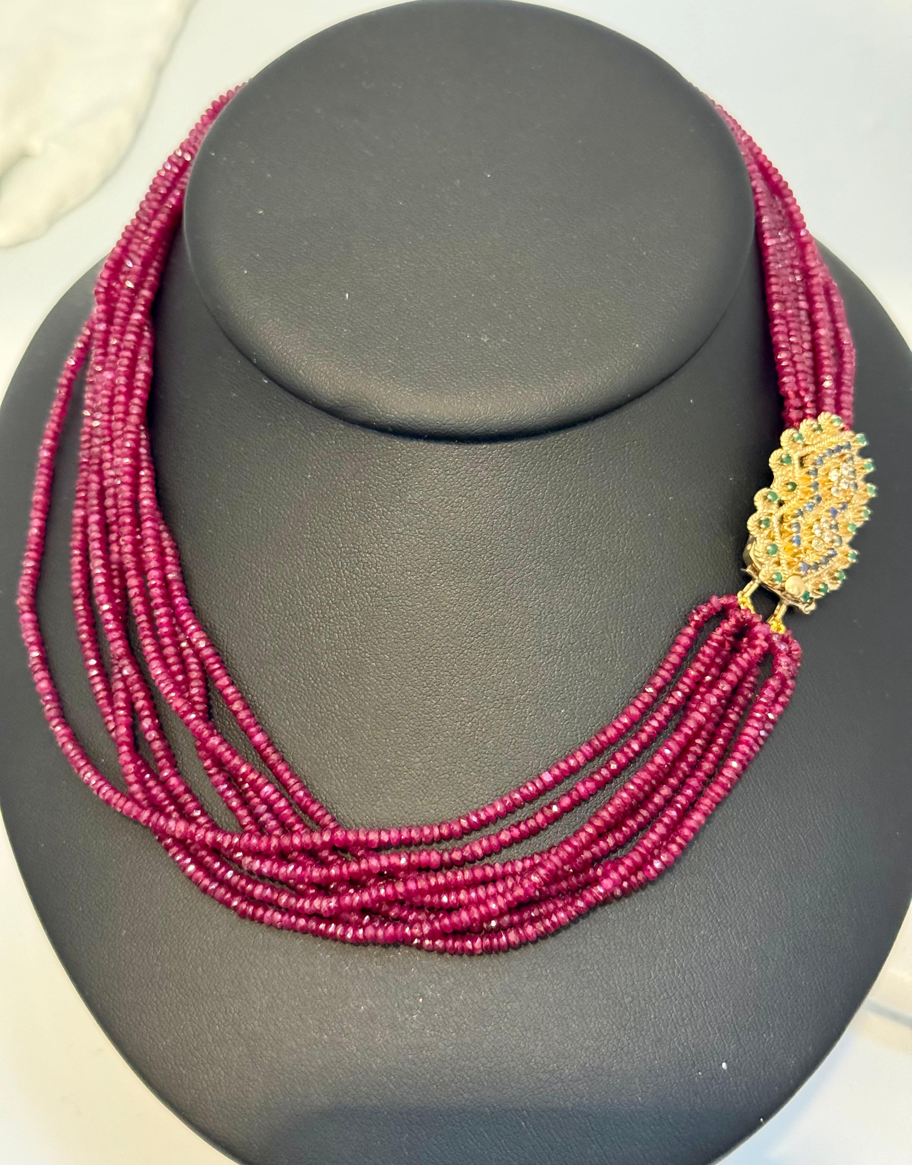 275 Ct , 8 Layer Natural Faceted Ruby Bead Necklace 14K Yellow Diamond Clasp For Sale 2