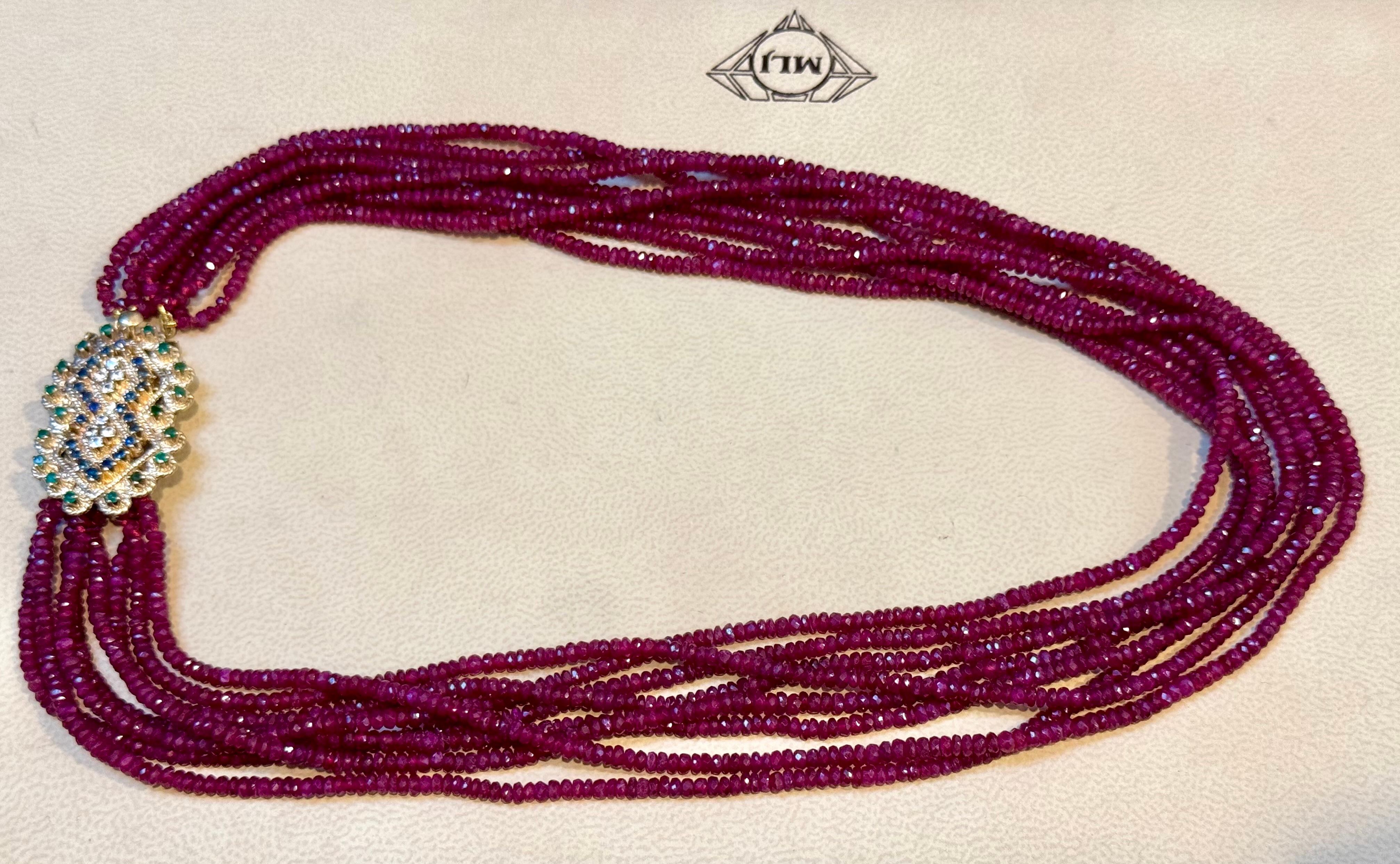 275 Ct , 8 Layer Natural Faceted Ruby Bead Necklace 14K Yellow Diamond Clasp For Sale 5
