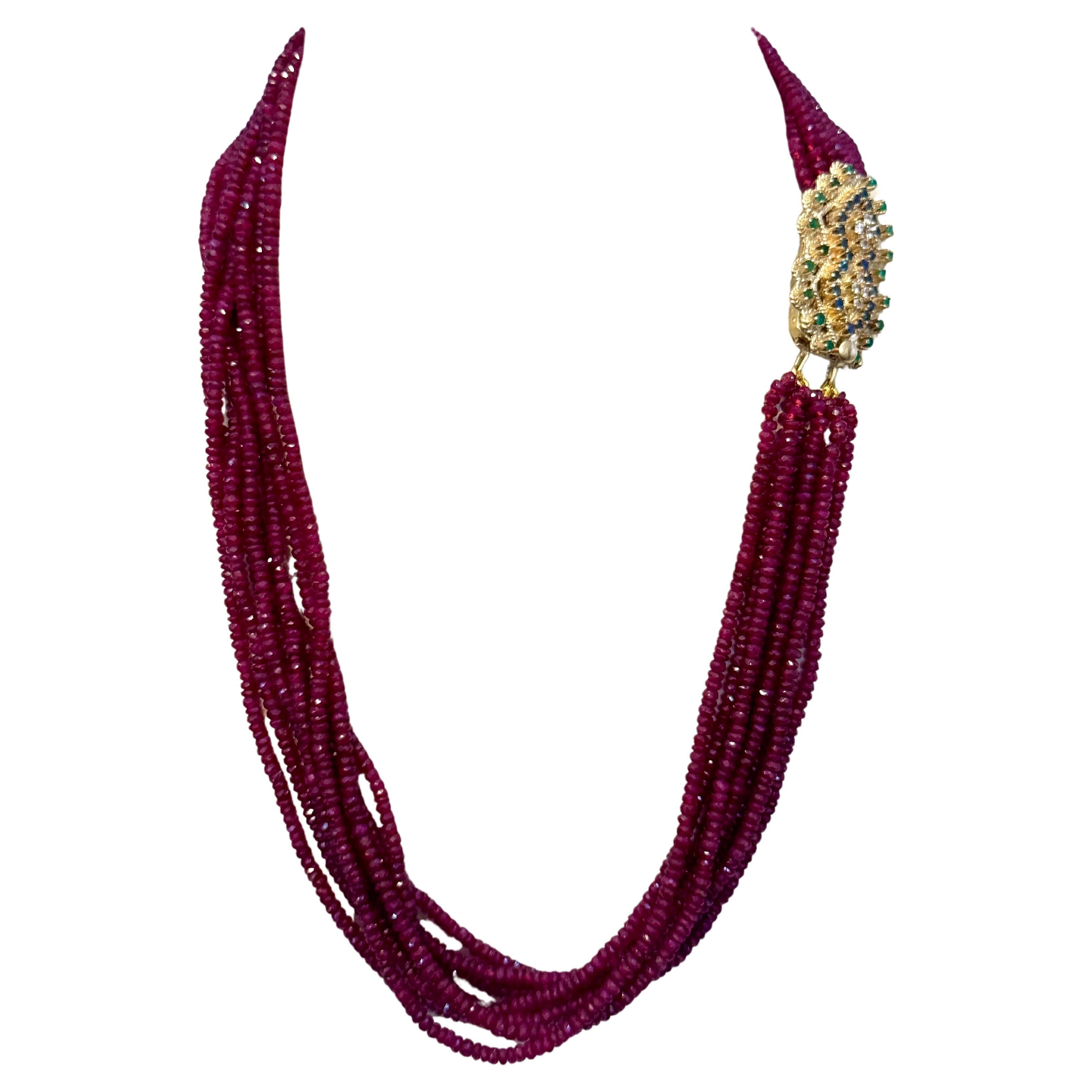 275 Ct , 8 Layer Natural Faceted Ruby Bead Necklace 14K Yellow Diamond Clasp