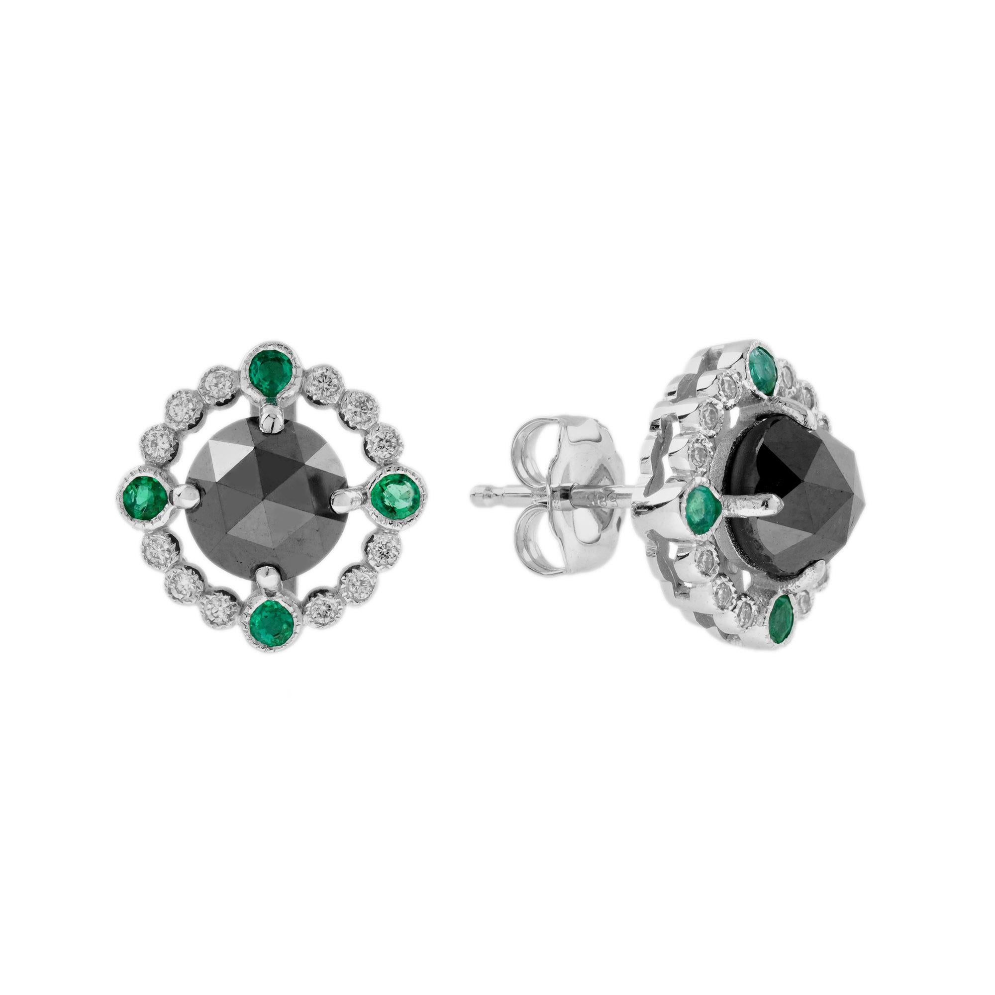 Rose Cut 2.75 Ct. Black Diamond Emerald Art Deco Inspired Stud Earrings in 14K Gold