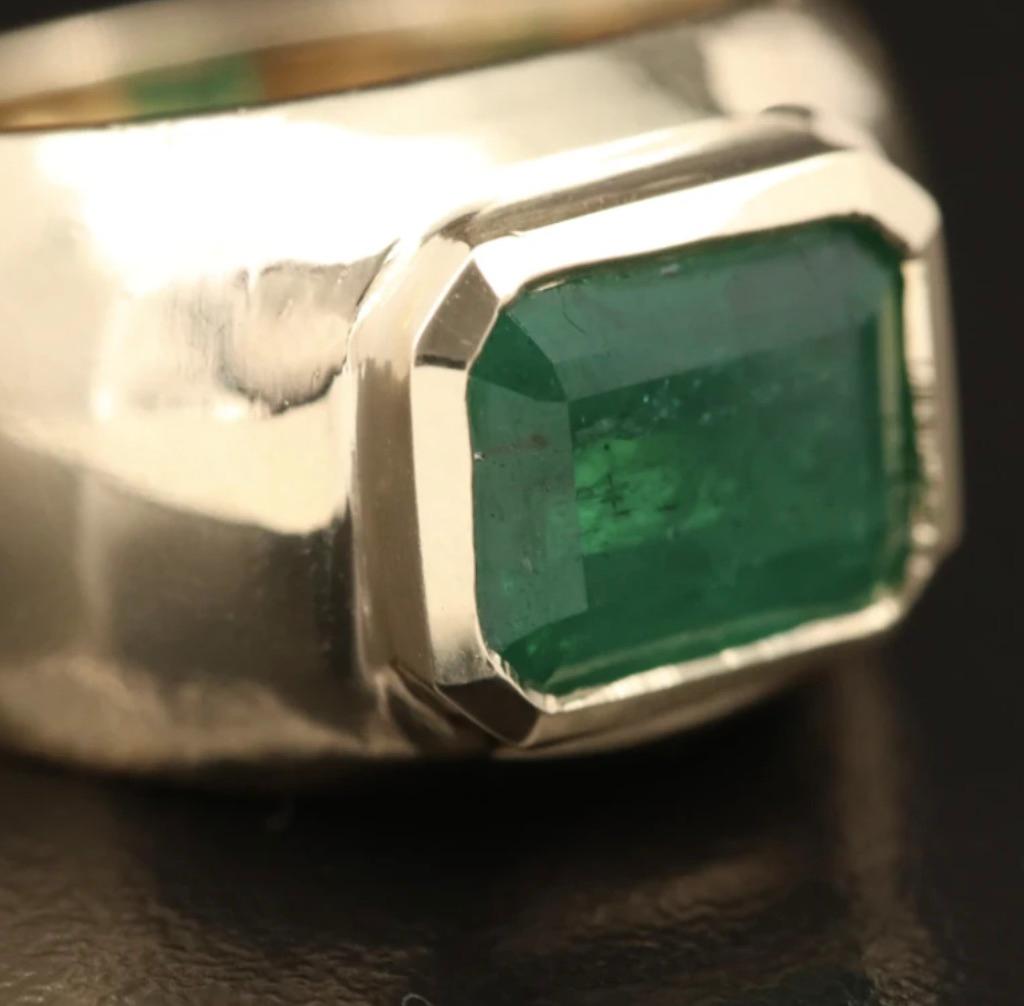 Over 10 grams of chunky sophistication- this emerald dome ring is the ultimate cross between smooth and bold. Wear it alone or stacked with multiple gem embellished rings. 
14K yellow gold 
Approx 3.5 - 4 ct. emerald