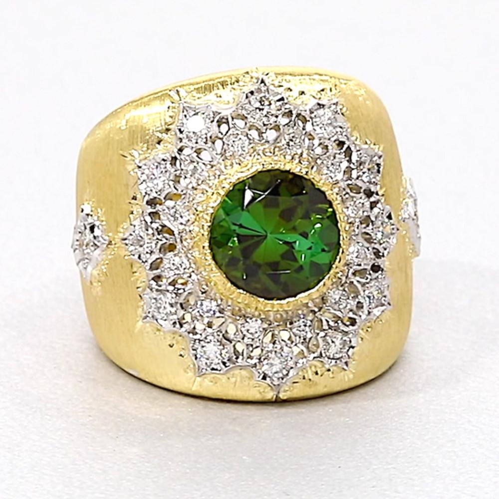 Artisan 2.75 Ct. Green Tourmaline, Diamond Yellow, White Gold Florentine Inspired Ring