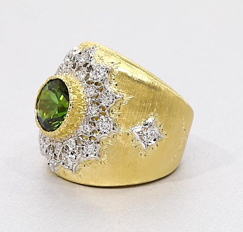 Round Cut 2.75 Ct. Green Tourmaline, Diamond Yellow, White Gold Florentine Inspired Ring