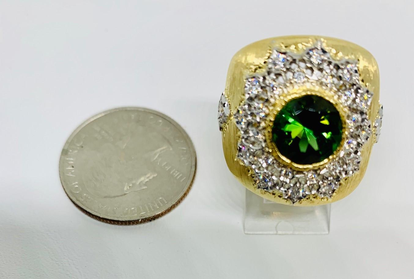 2.75 Ct. Green Tourmaline, Diamond Yellow, White Gold Florentine Inspired Ring In New Condition In Los Angeles, CA