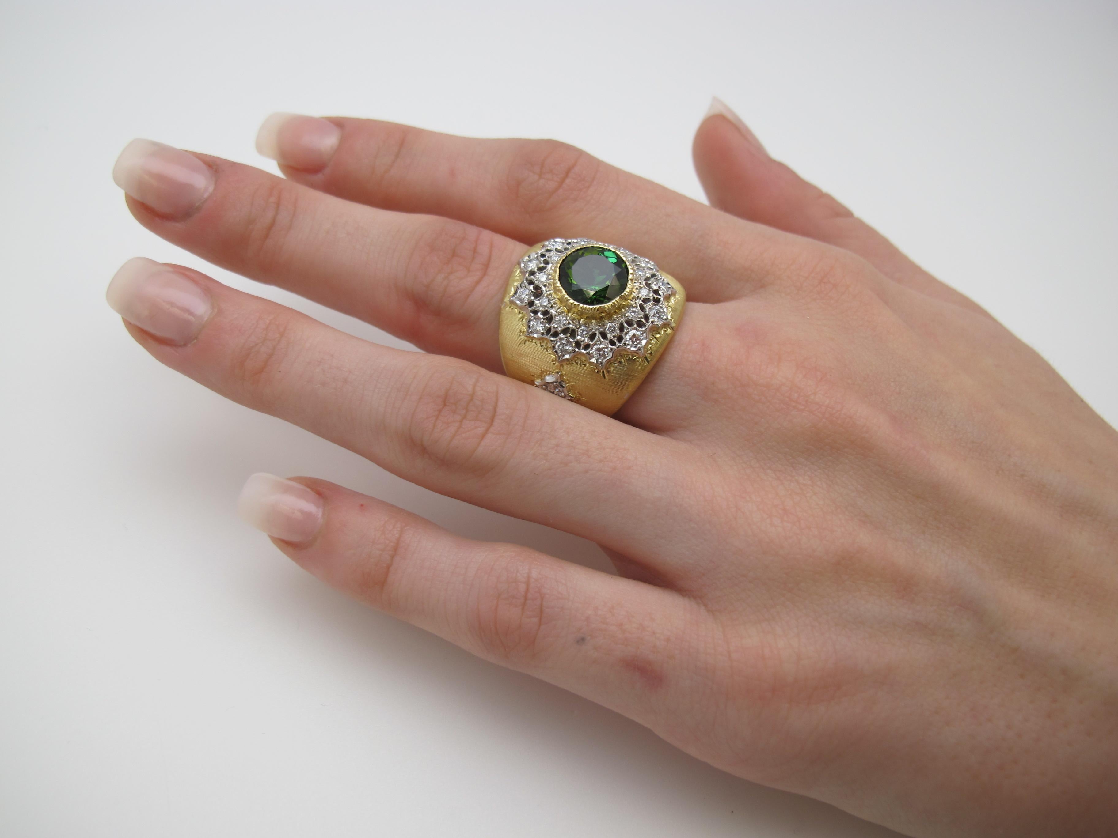 Women's 2.75 Ct. Green Tourmaline, Diamond Yellow, White Gold Florentine Inspired Ring