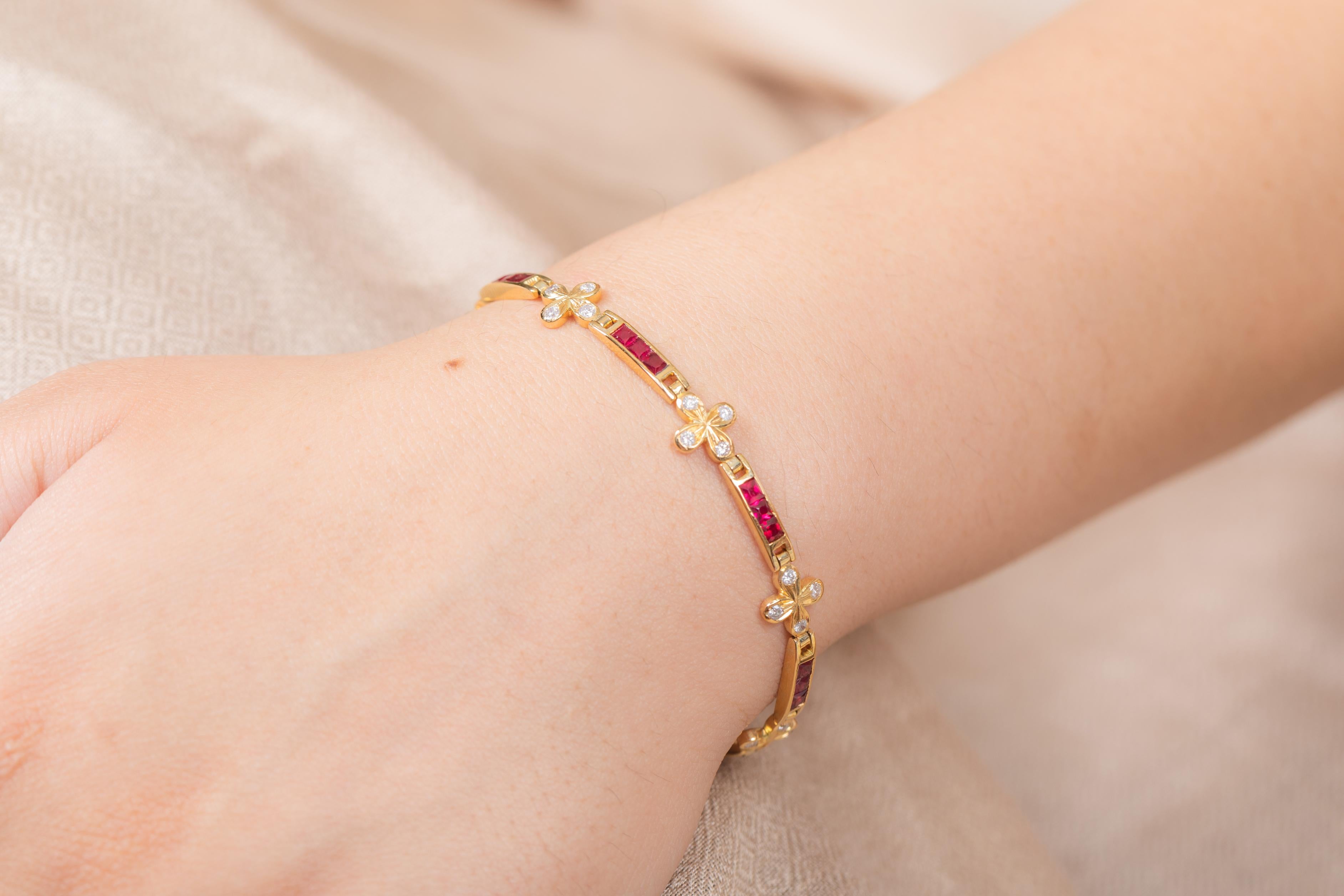 The wearing of charms may have begun as a form of amulet or talisman to ward off evil spirits or bad luck.
This ruby bracelet has a square cut gemstone and diamonds in 18K Gold. A perfect piece of jewelry to adorn your jewelry section.

PRODUCT