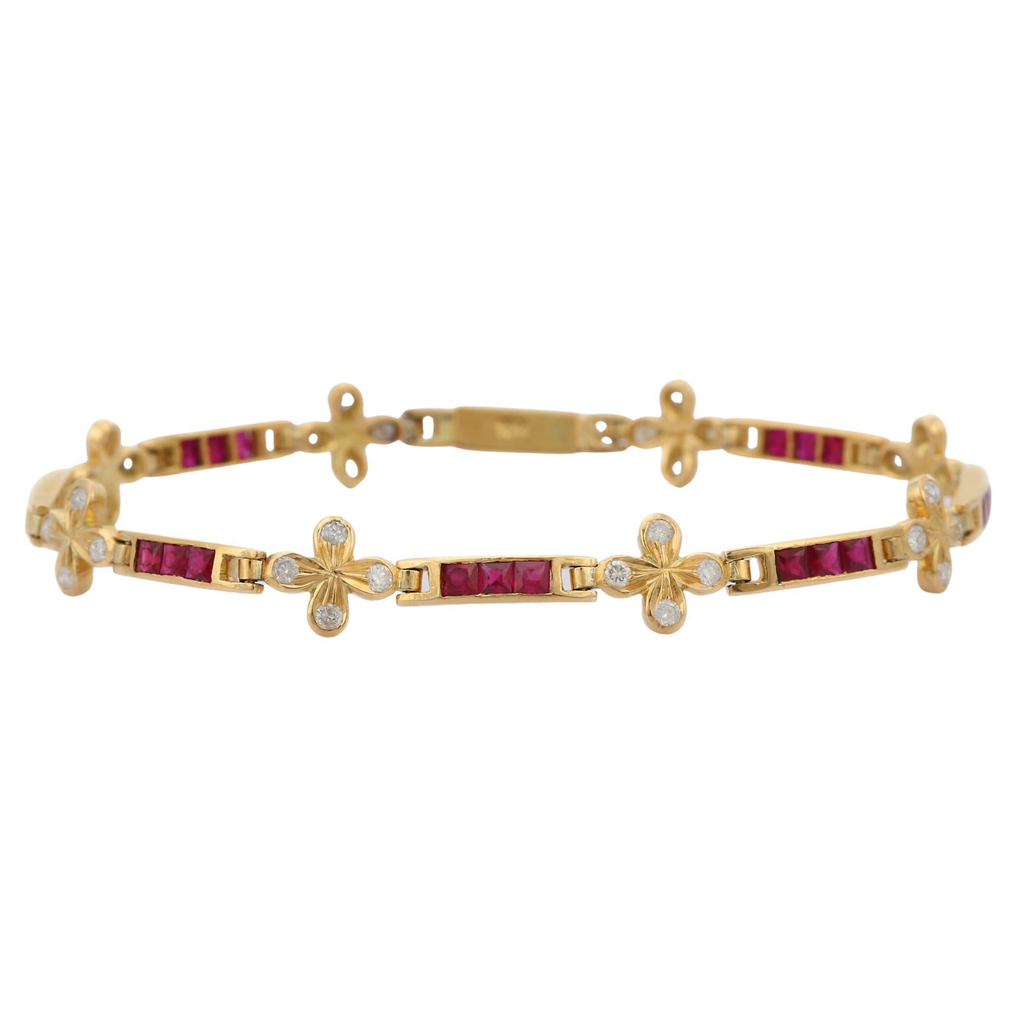 Bracelet à maillons en or jaune 18 carats avec diamants et rubis de 2,75 carats en vente