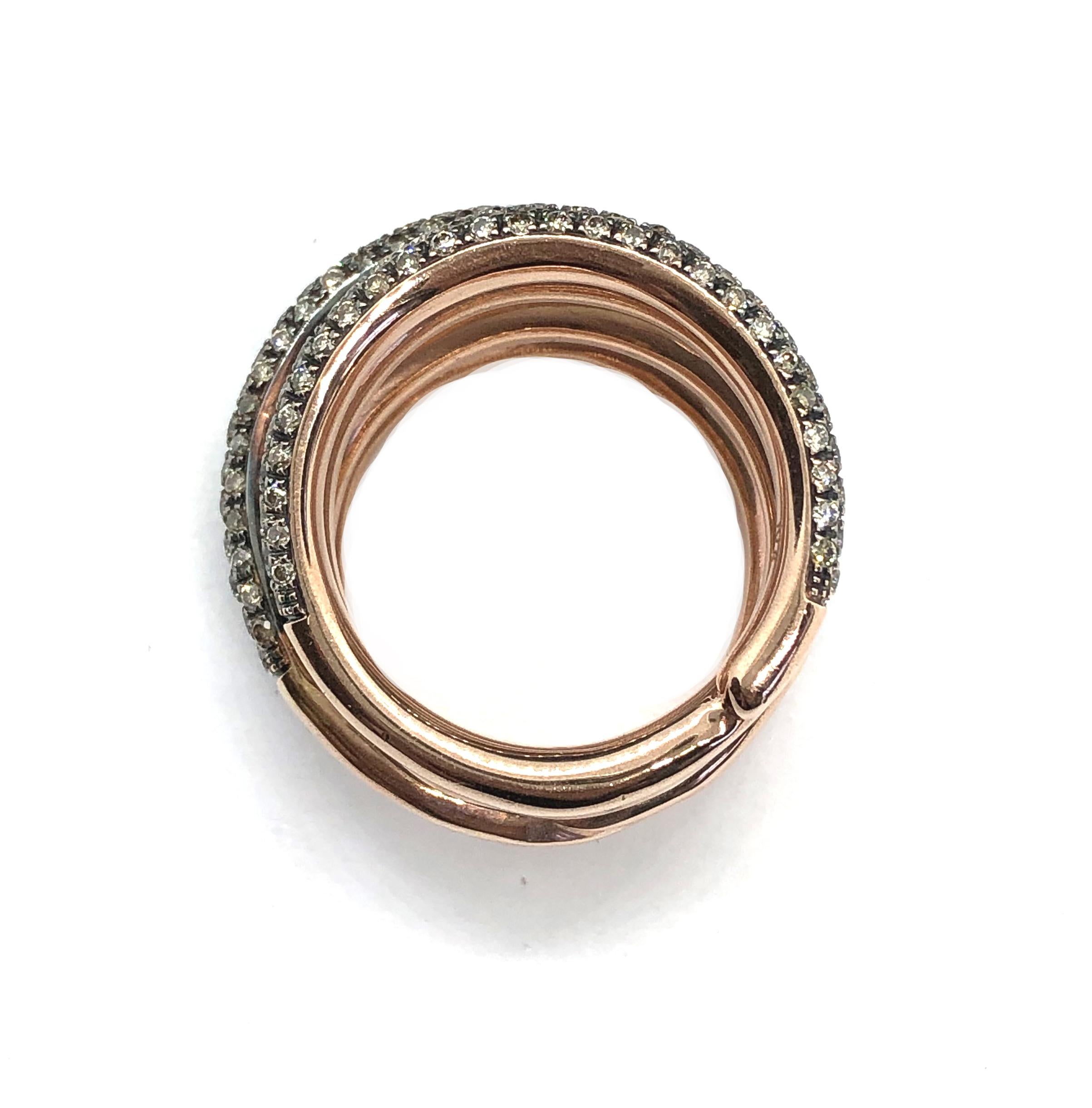 2.75 Carat Brown Pavé Diamonds Twist Strand Band Ring 9 Karat Rose Gold For Sale 4