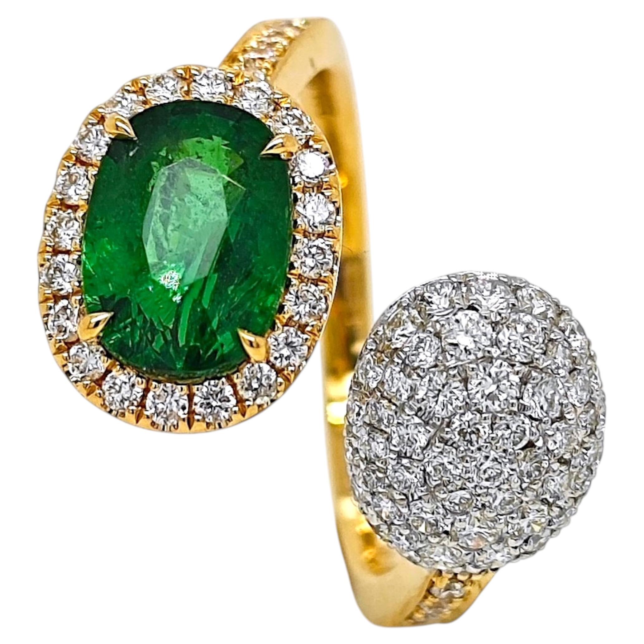2,75 Tsavorit Rund Diamant Gelb- und Weißgold Ring im Angebot