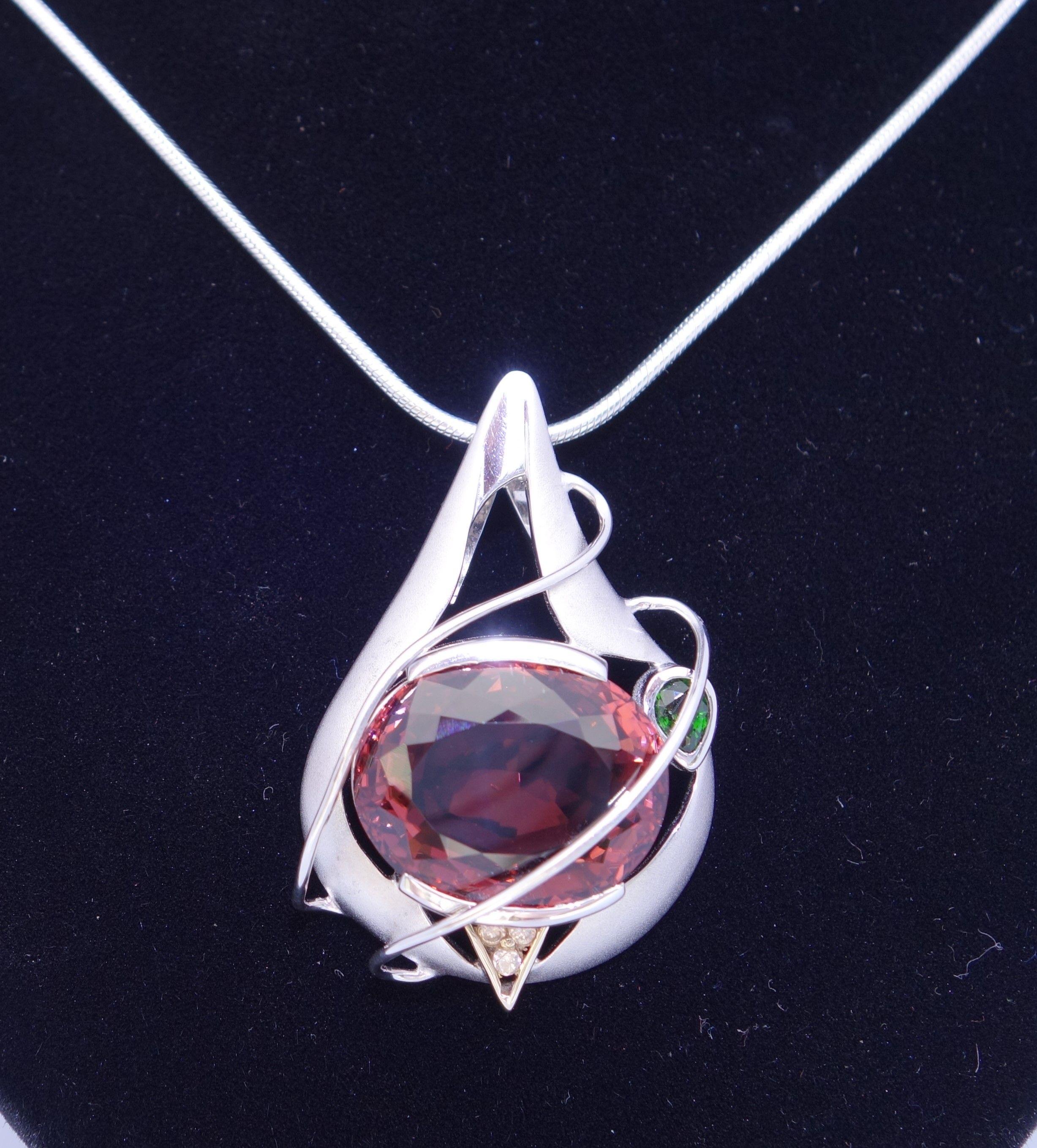 Oval Cut 27.50 Carat Pink Tourmaline Gold and Rhodium Sterling Silver Pendant Necklace For Sale