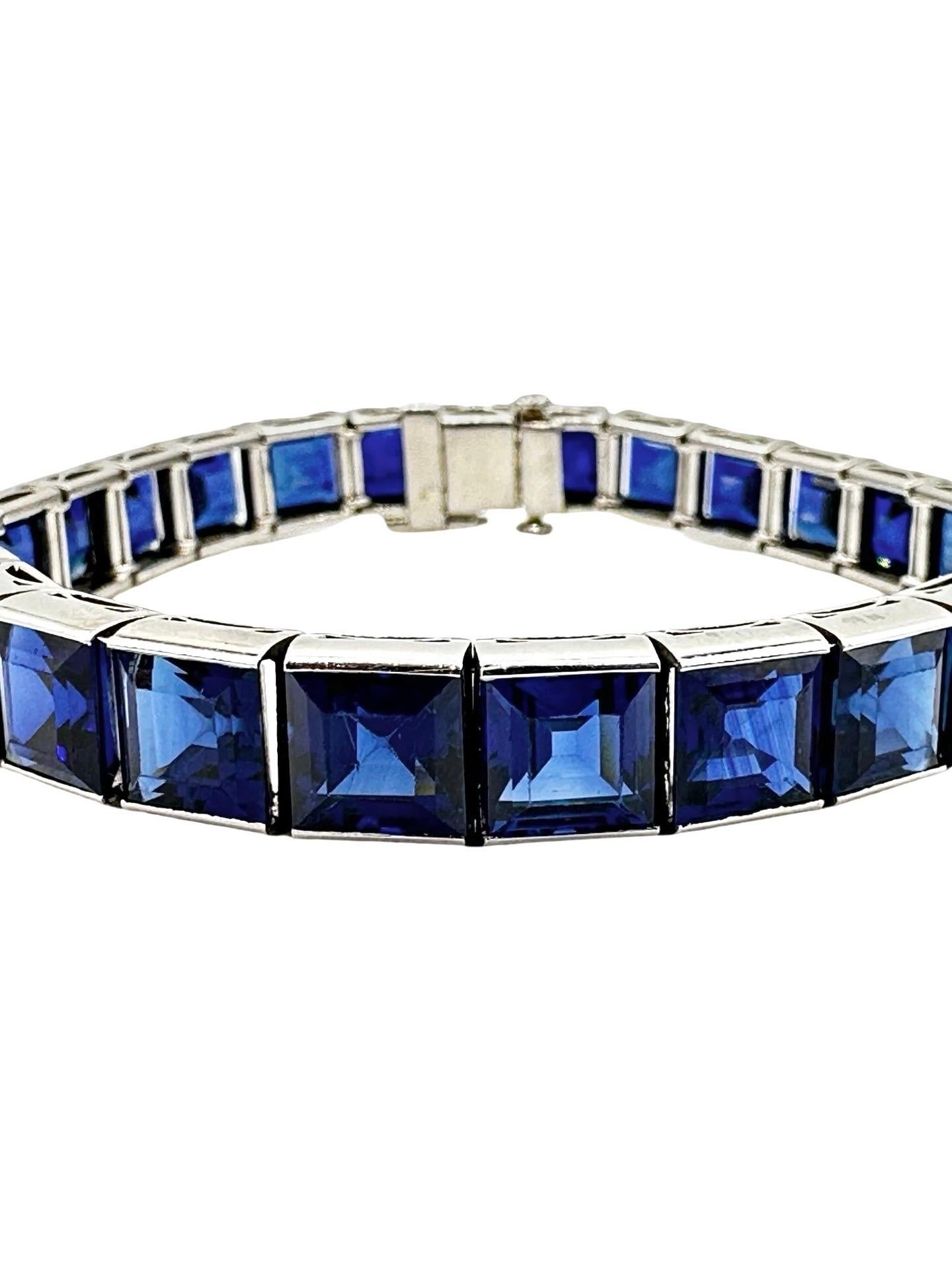 Square Cut 27.50 Carats Natural Sapphire and Platinum Line Bracelet For Sale