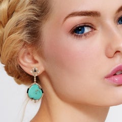 27.50 ct Turquoise Dangle Earrings With Black Onyx & Diamonds In 18k Yellow Gold