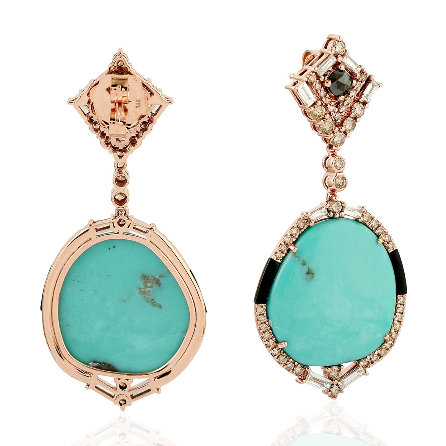 Contemporary 27.50 ct Turquoise Dangle Earrings With Black Onyx & Diamonds In 18k Yellow Gold For Sale