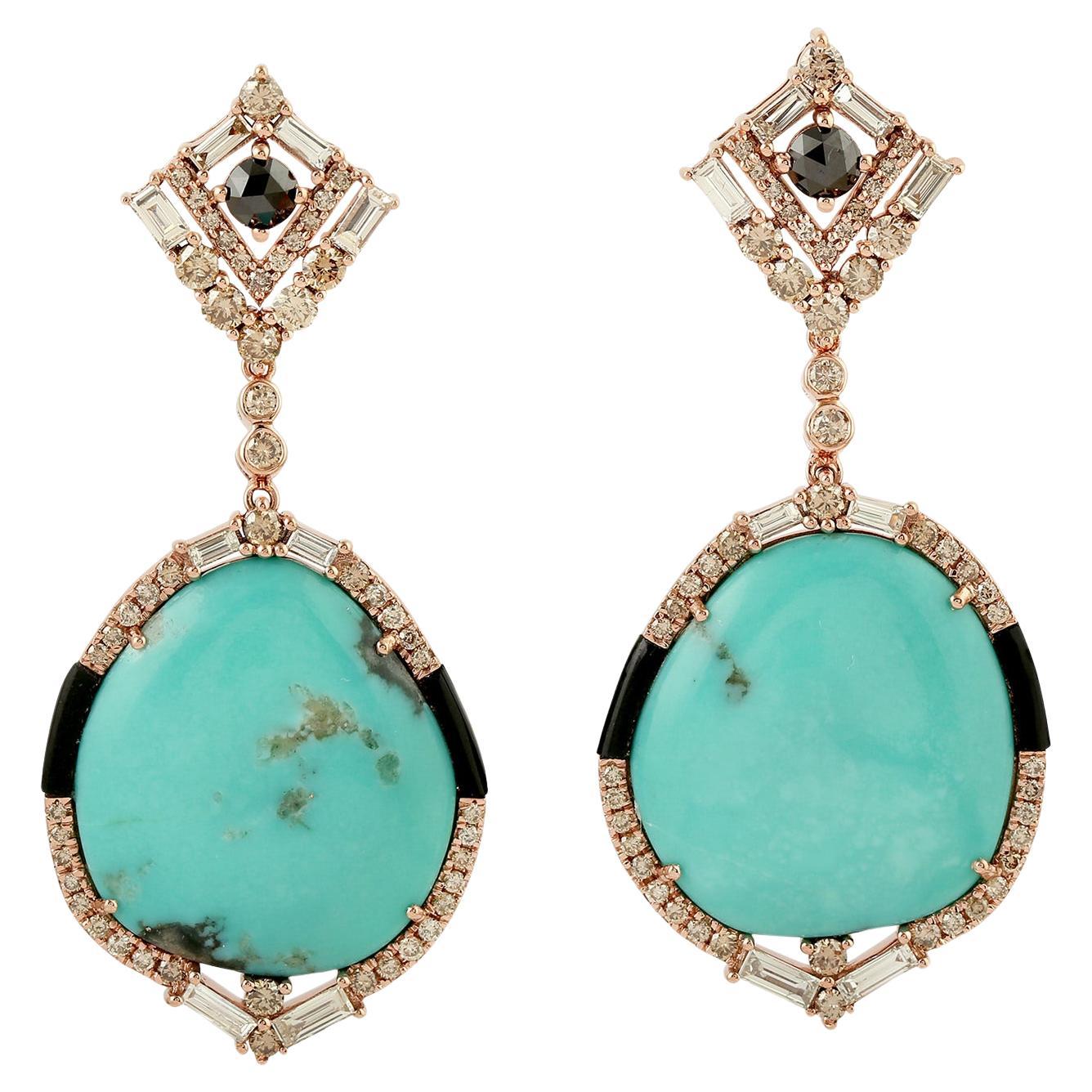 27.50 ct Turquoise Dangle Earrings With Black Onyx & Diamonds In 18k Yellow Gold For Sale