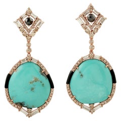 27.50 ct Turquoise Dangle Earrings With Black Onyx & Diamonds In 18k Yellow Gold