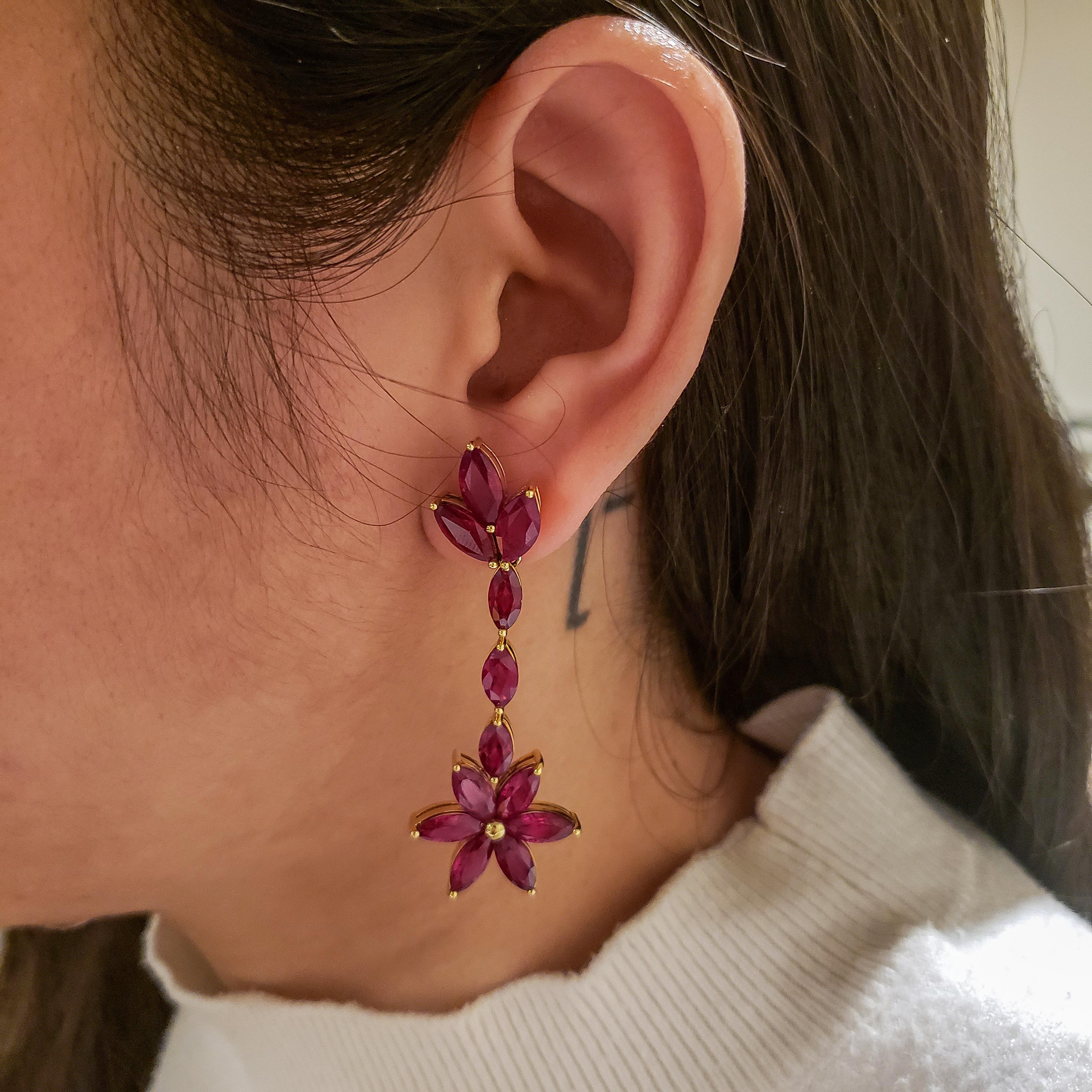 Contemporary 27.51 Carat Marquise Cut Ruby Flower Dangle Earrings For Sale