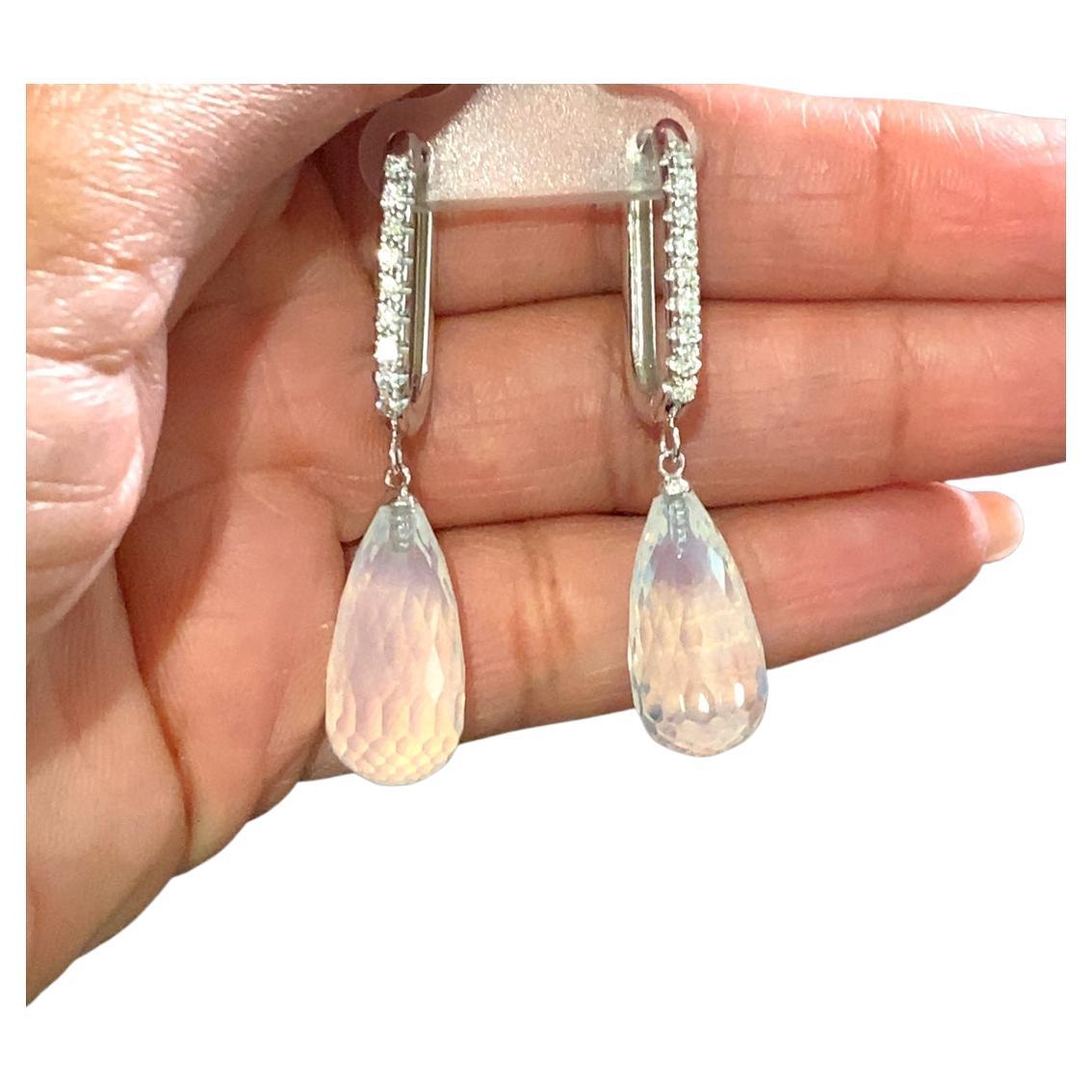 27.54 Carat Moon Quartz Diamond White Gold Drop Earrings For Sale