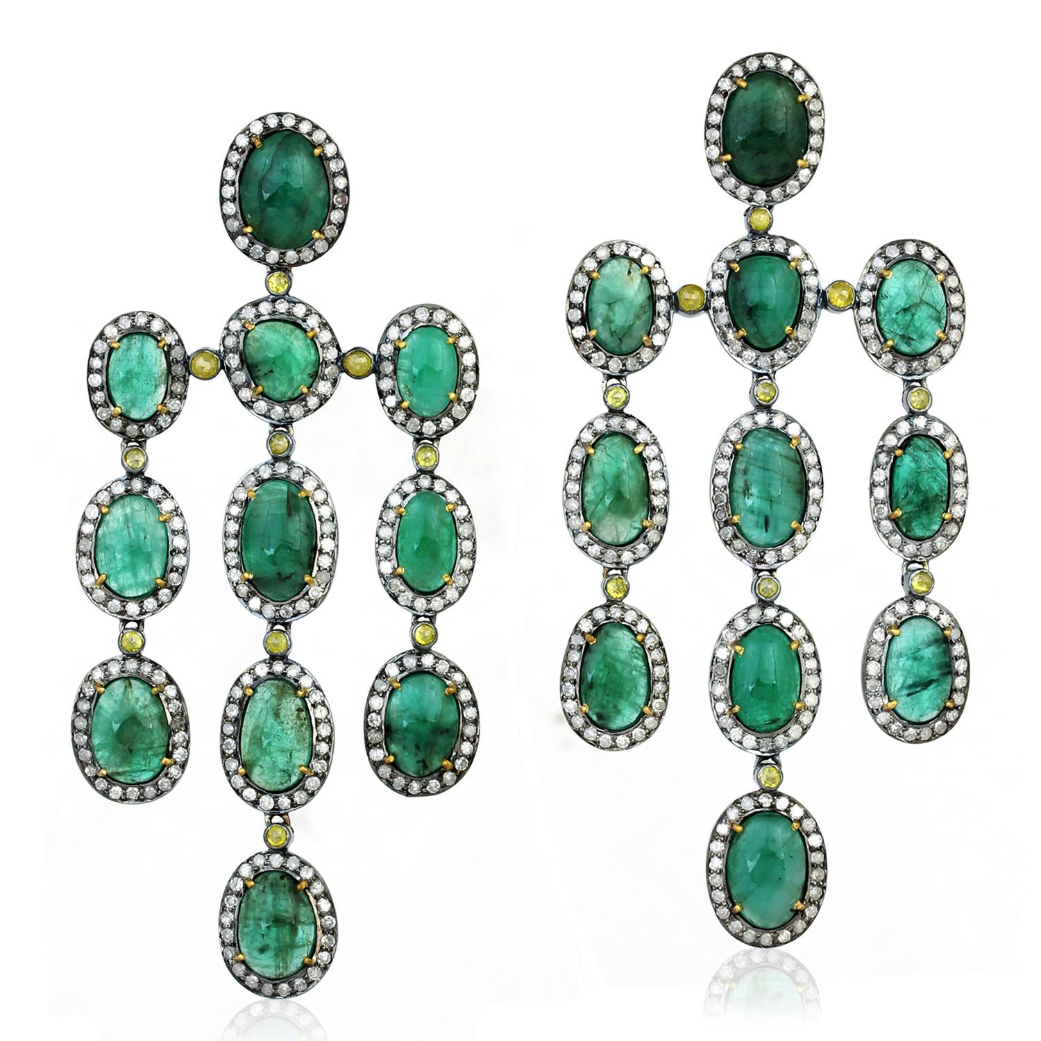 Rose Cut 27.55 Carat Emerald Diamond Earrings For Sale