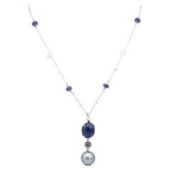 27.55 Carat Total Tahitian Pearl, Spinel, and Sapphire Necklace in Platinum