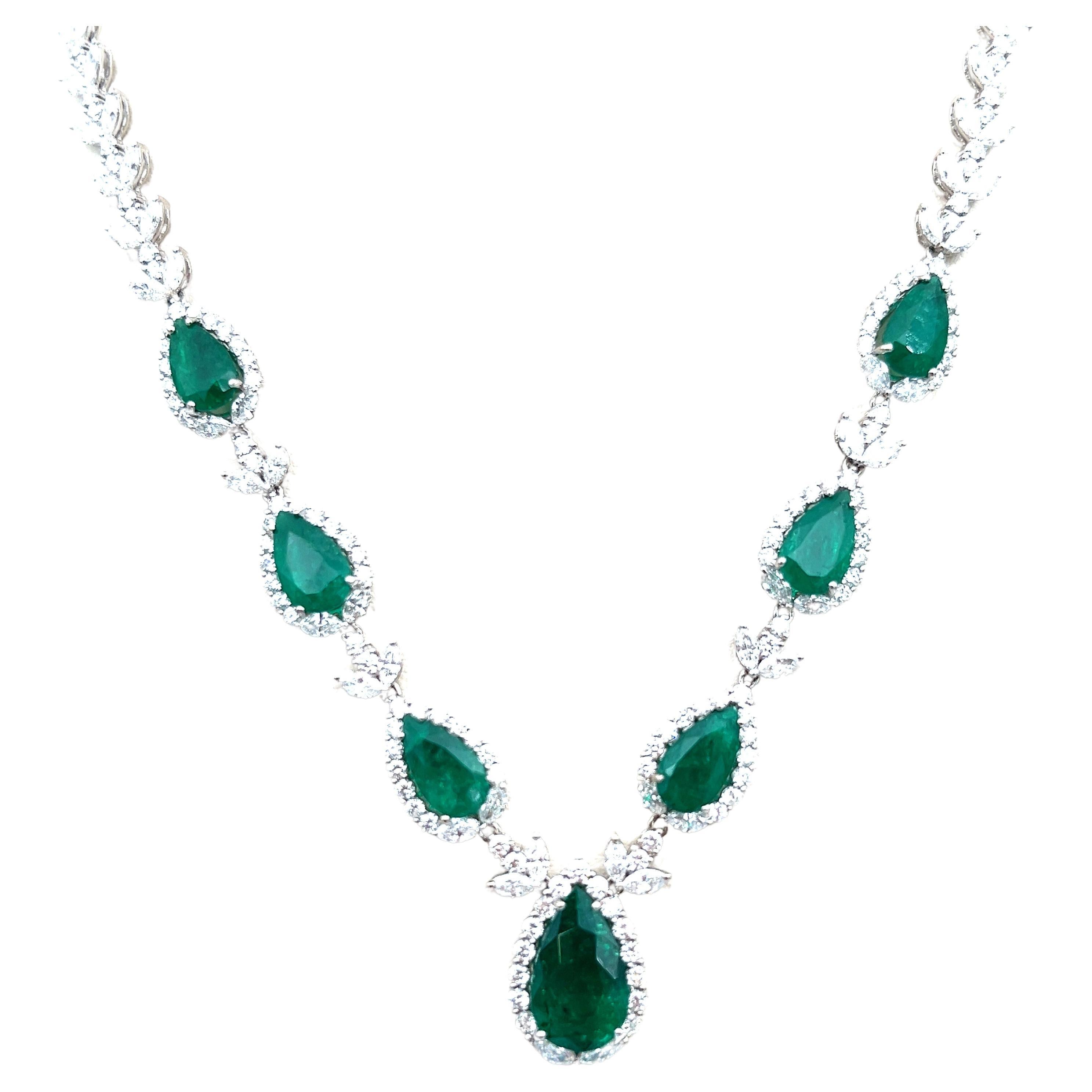 Check out this one-of-a-kind emerald necklace! The necklace features 7 natural Colombian emeralds weighing 10.25 ct and round brilliant cut diamonds weighing 17.3 ct set in 18k white gold. A gorgeous showstopper!!