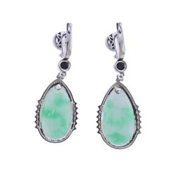 27.56ctw Jadeite Jade Diamond Onyx Gold Drop Earrings
