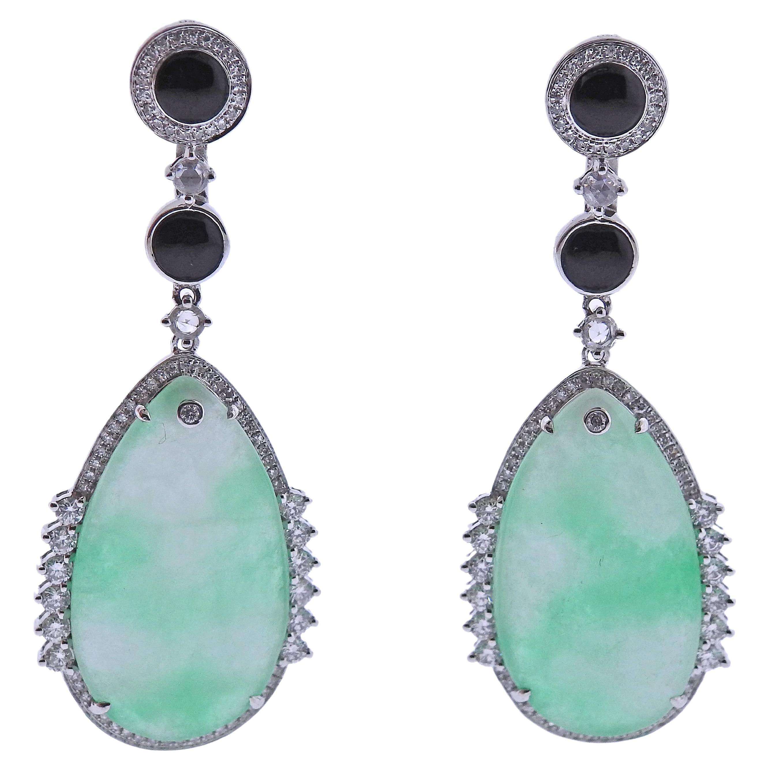 27.56ctw Jadeite Jade Diamond Onyx Gold Drop Earrings For Sale