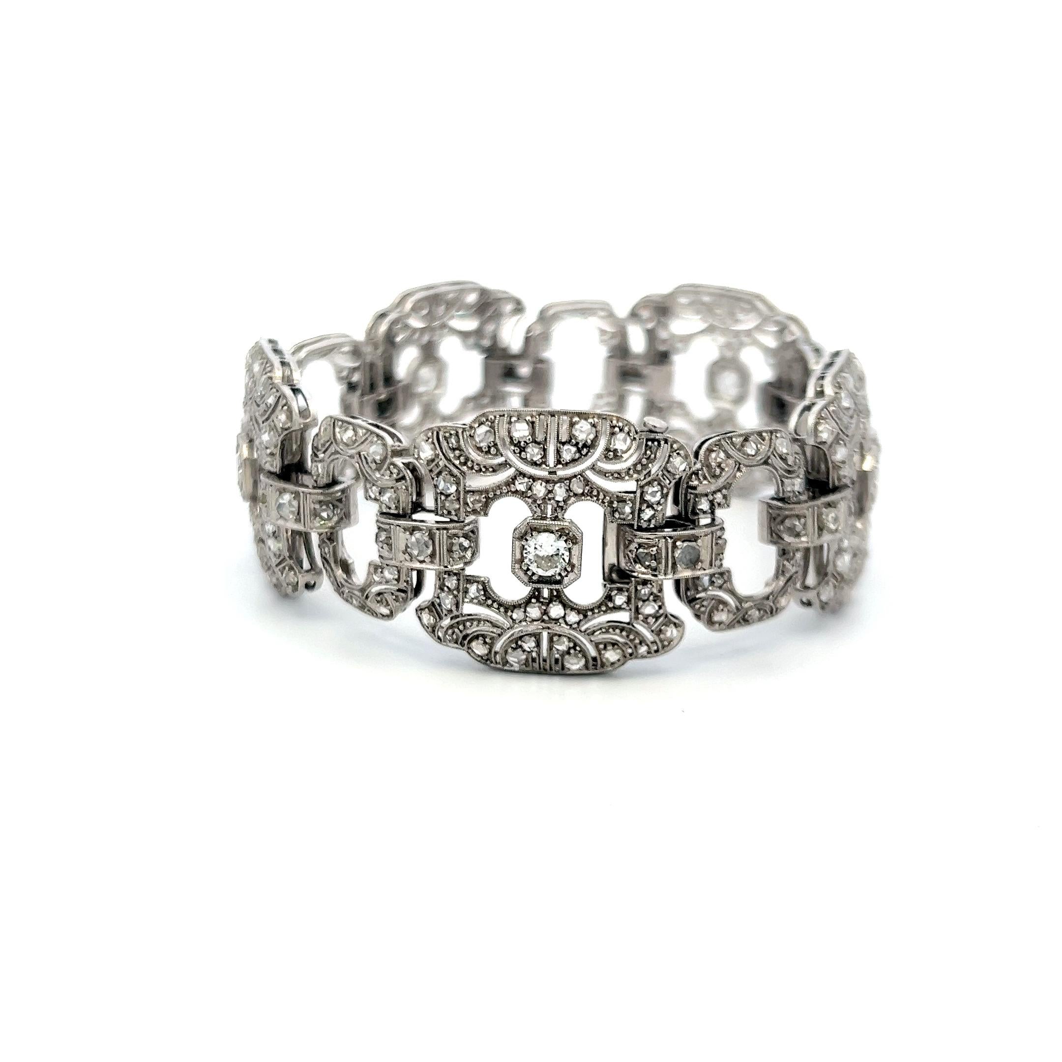 Pulsera Art Decó de platino de 2,75 ct con diamantes talla rosa y brillantes Corte rosa en venta