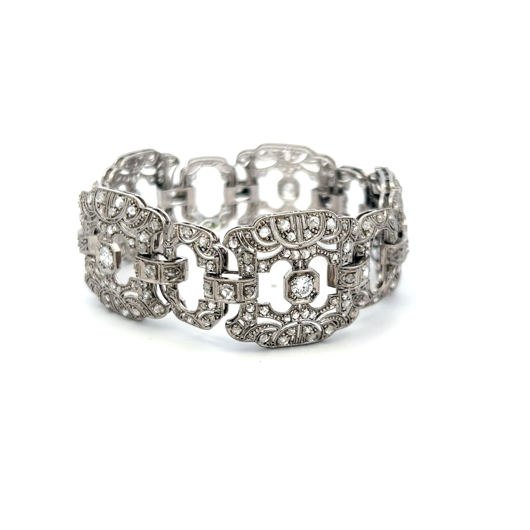 Pulsera Art Decó de platino de 2,75 ct con diamantes talla rosa y brillantes en Bueno estado para la venta en New York, NY