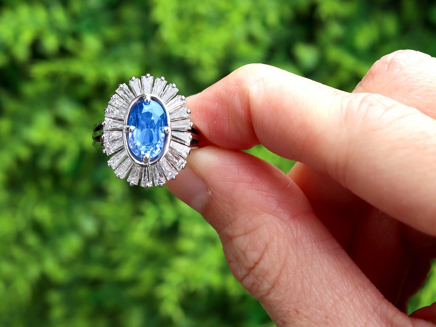 A stunning, fine and impressive vintage 2.75 carat Ceylon sapphire and 2.88 carat diamond, 18 karat white gold ballerina ring; part of our sapphire jewelry collection.

This stunning, fine and impressive vintage ballerina ring has been crafted in