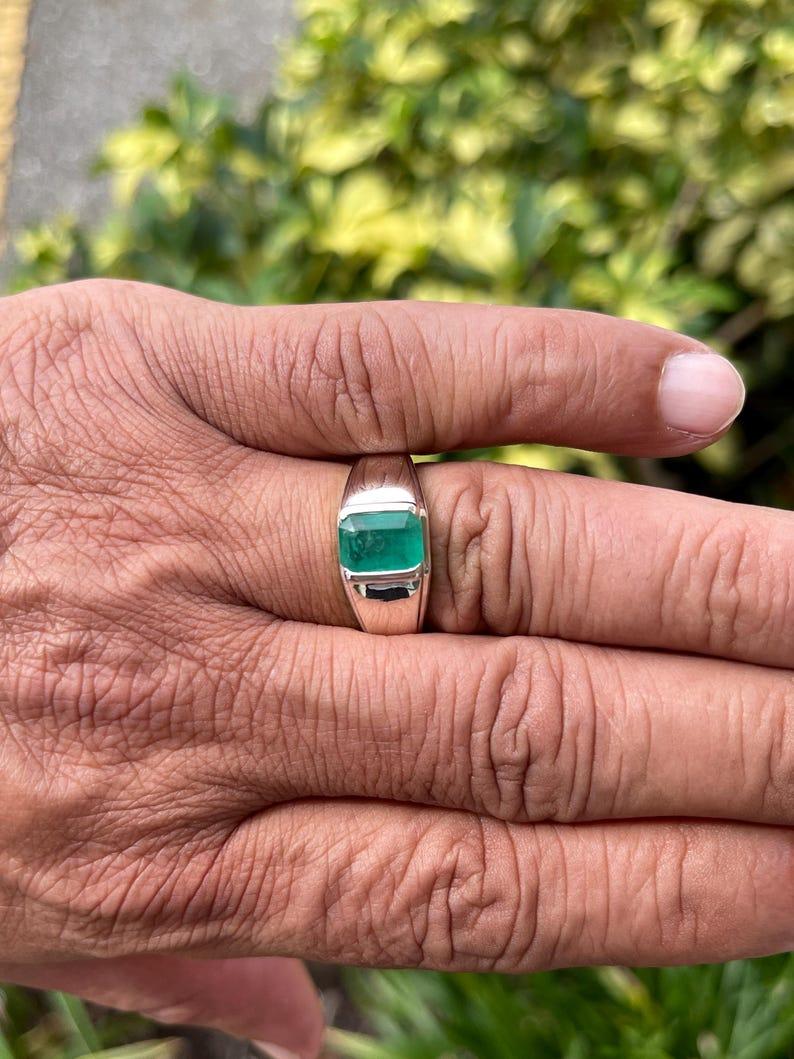 Modern 2.75ct Emerald Cut Emerald Solitaire Men's Ring Bezel Set Sterling Silver 925 For Sale
