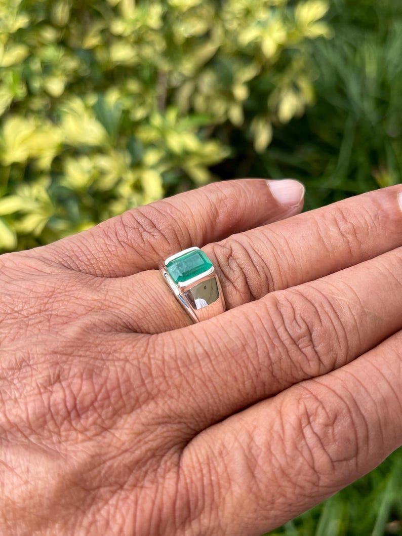 2.75ct Emerald Cut Emerald Solitaire Men's Ring Bezel Set Sterling Silver 925 For Sale 1