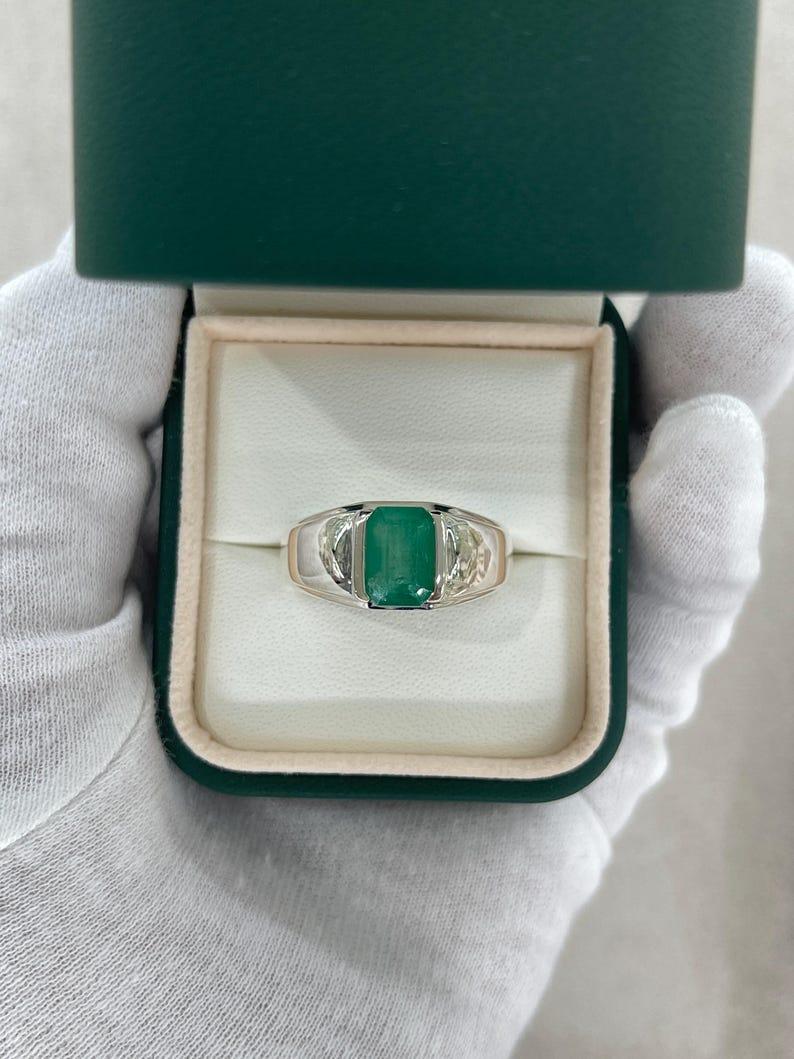 2.75ct Emerald Cut Emerald Solitaire Men's Ring Bezel Set Sterling Silver 925 For Sale 2