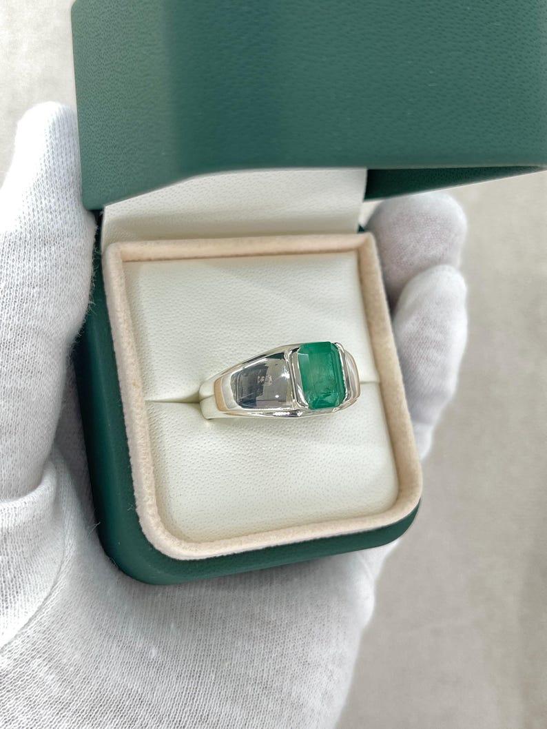 2.75ct Emerald Cut Emerald Solitaire Men's Ring Bezel Set Sterling Silver 925 For Sale 3