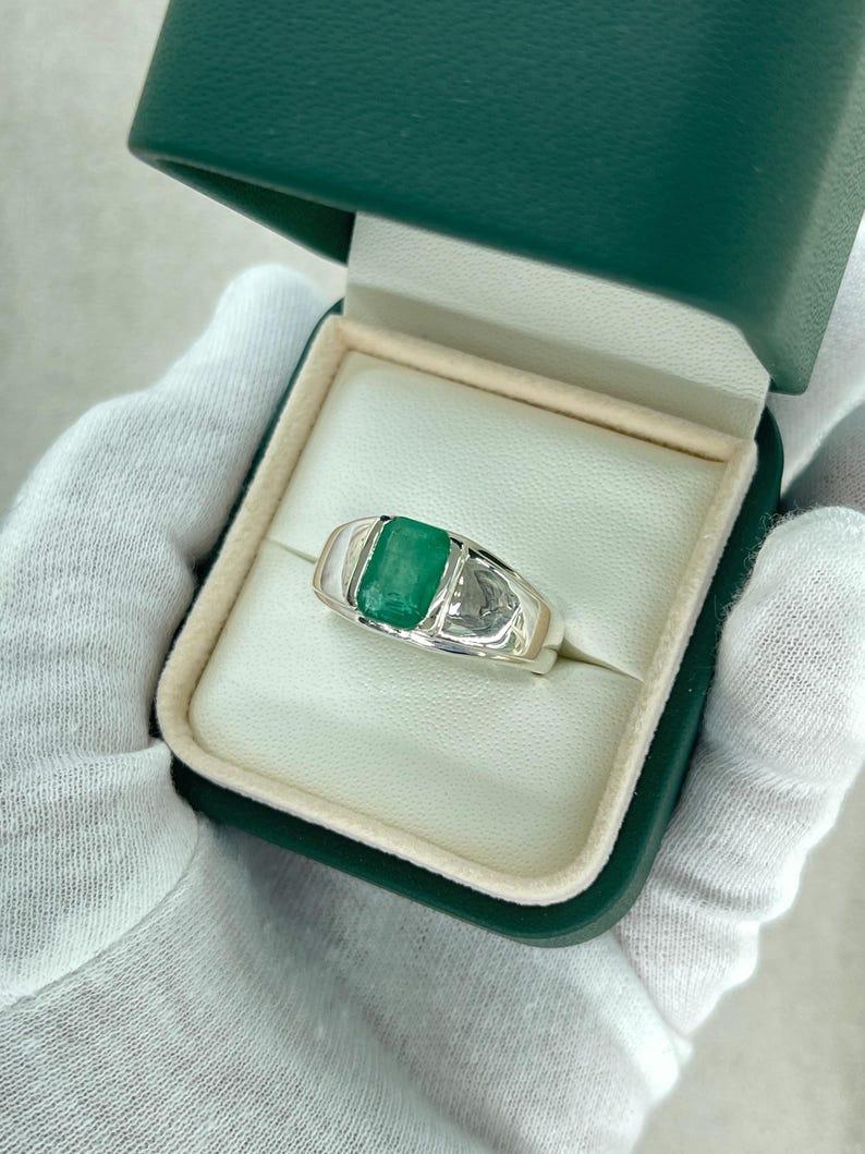 2.75ct Emerald Cut Emerald Solitaire Men's Ring Bezel Set Sterling Silver 925 For Sale 4