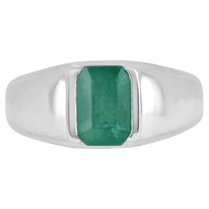 2.75ct Emerald Cut Emerald Solitaire Men's Ring Bezel Set Sterling Silver 925