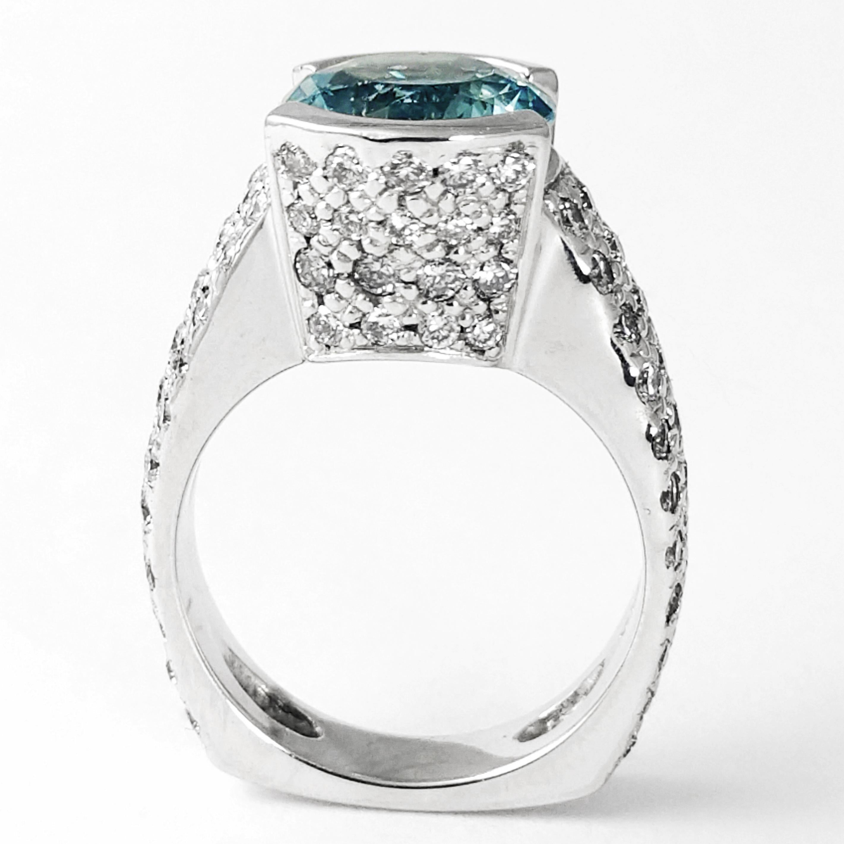 Women's 2.75 Carat Round Aquamarine and Pave Diamond Ring Classic Contemporary Fashion For Sale