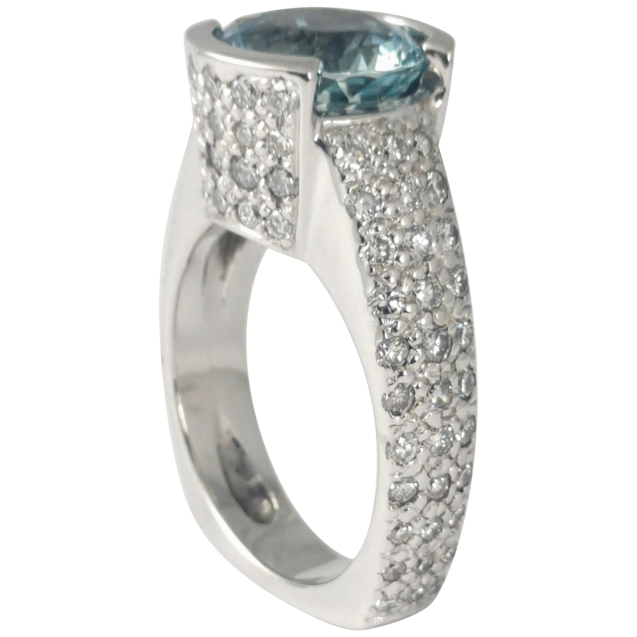 2.75 Carat Round Aquamarine and Pave Diamond Ring Classic Contemporary Fashion For Sale