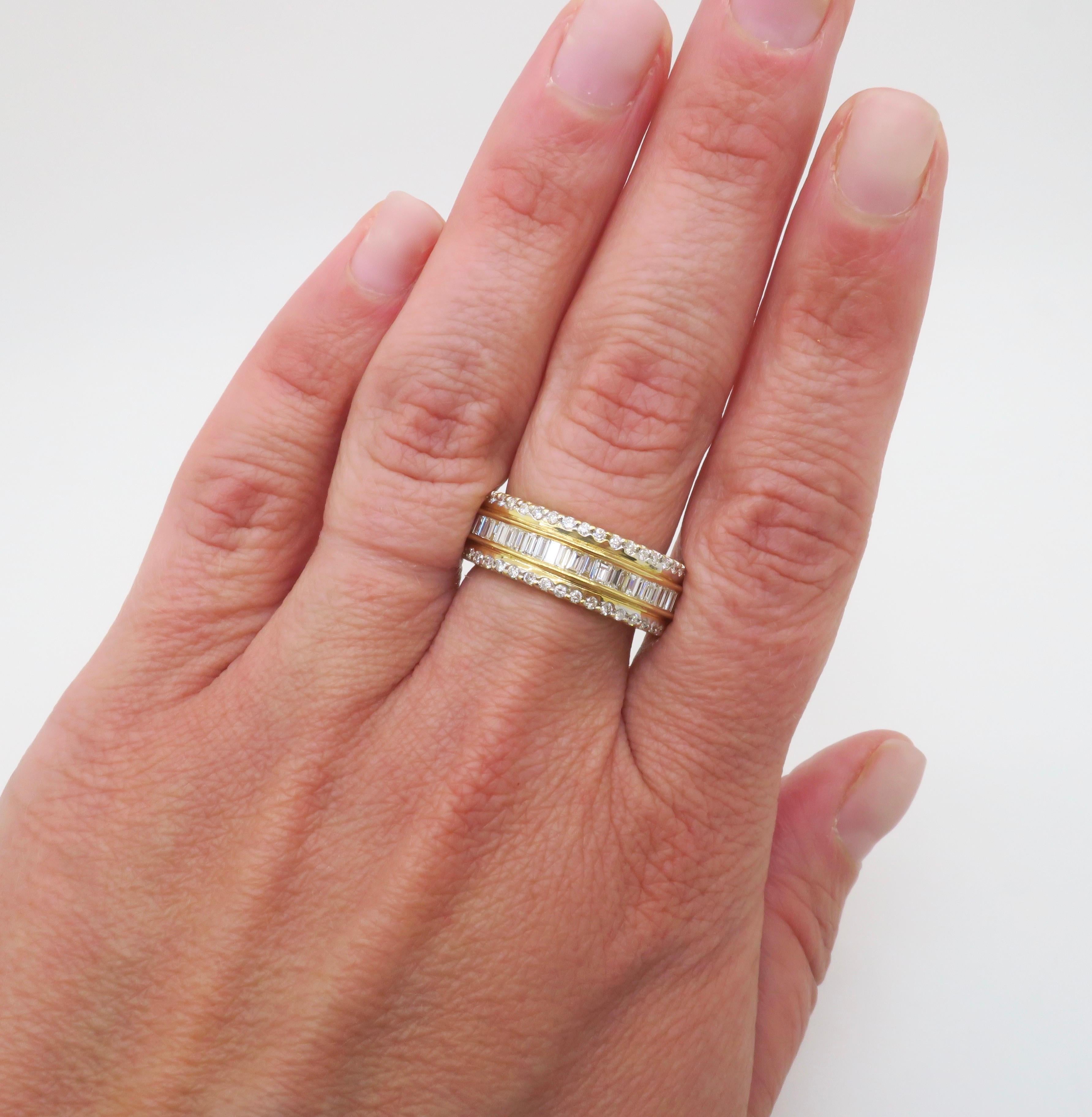 18k Yellow Gold eternity band made with 2.75CTW of Earth Mined diamonds. 

Gemstone: Earth Mined Diamond
Diamond Carat Weight: 2.75ctw
Diamond Cut: Round Brilliant & Baguette Cut 
Color: E-G
Clarity: VS
Metal: 18K Yellow Gold 
Weight: 11 Grams
Ring
