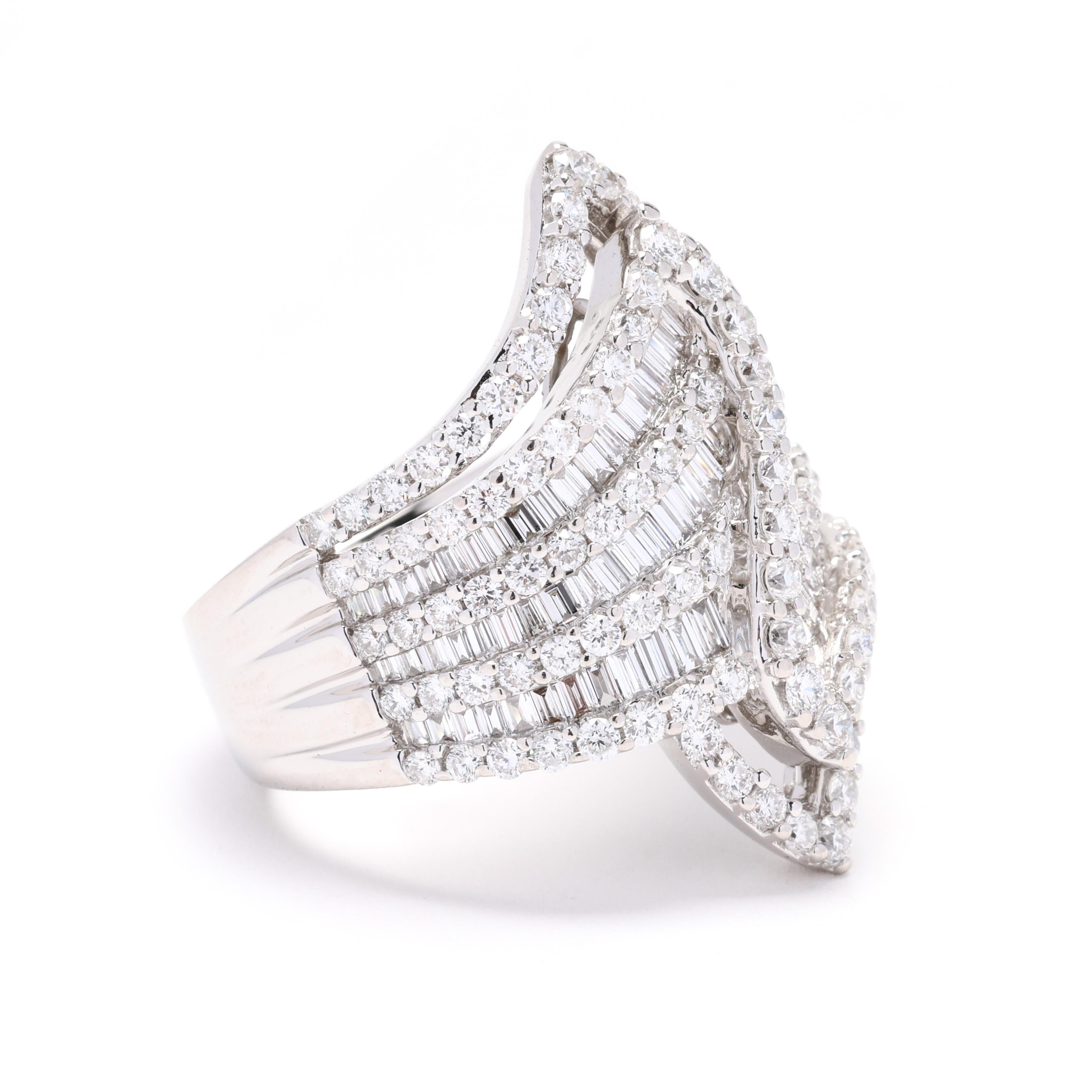 Stones:
diamond
round brilliant cut, 119 stones
1.2 - 1.75 mm
approximately 1.25 total carats
baguette/ tapered baguette, 88 stones
1.75 x 2 x 1 mm
approximately 1.5 total carats
FG color, VS1-2 clarity

Ring Size: 7

Length: 28 mm

Weight: 9.3 dwts