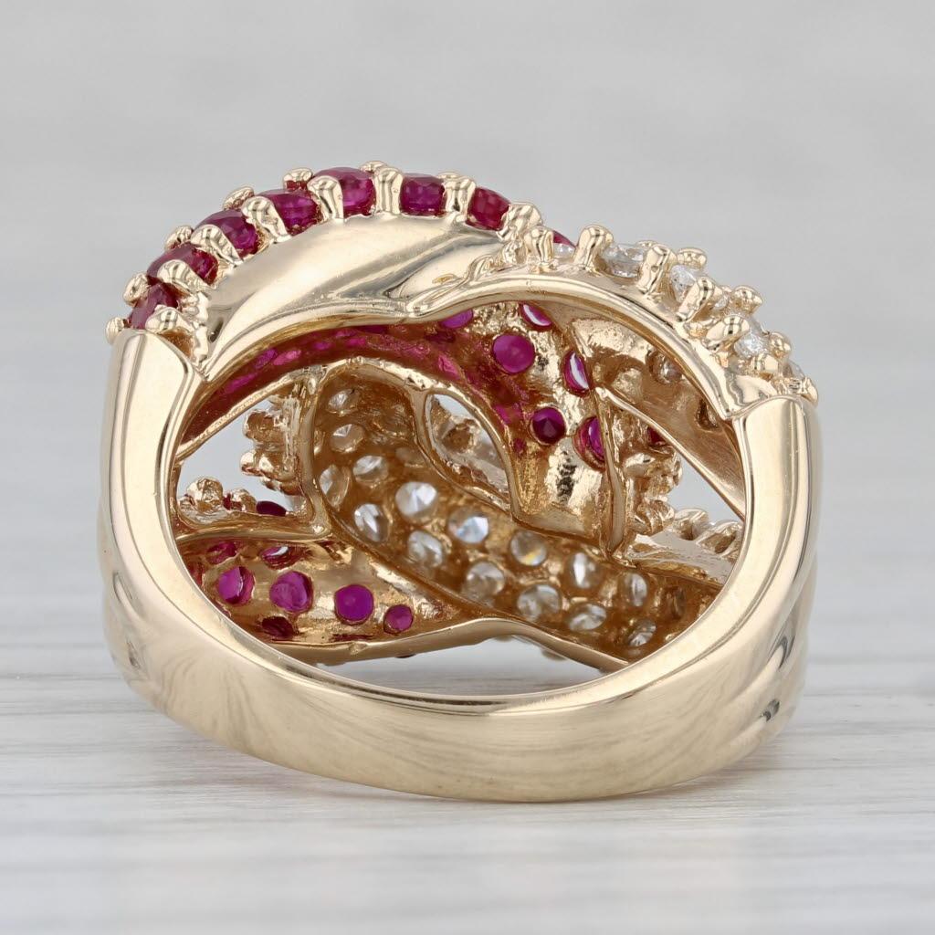 Round Cut 2.75ctw Ruby Diamond Knot Ring 14k Yellow Gold Size 6.75 Cocktail For Sale