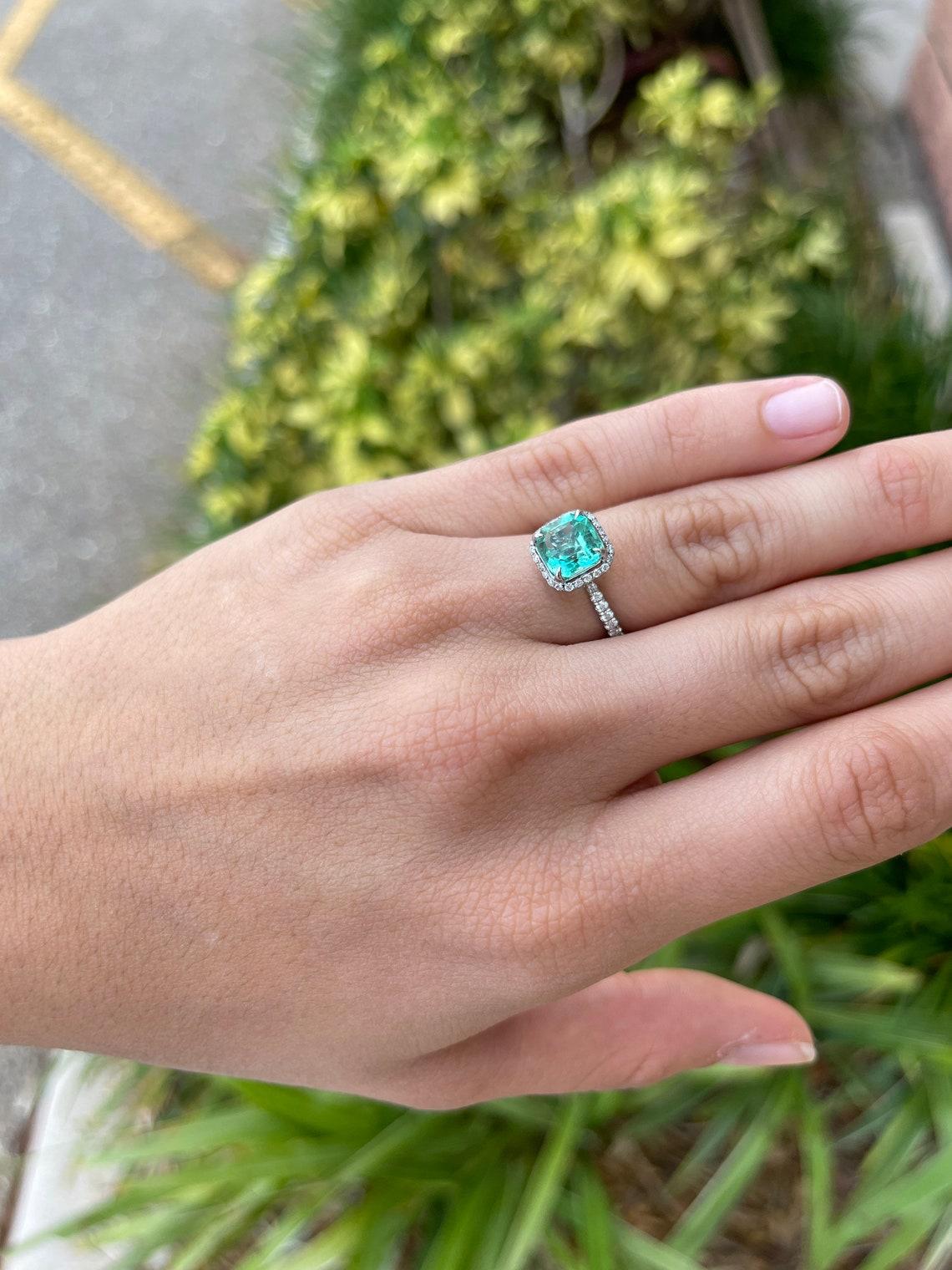 Emerald Cut 2.75tcw 18K Emerald & Diamond Halo Ring For Sale