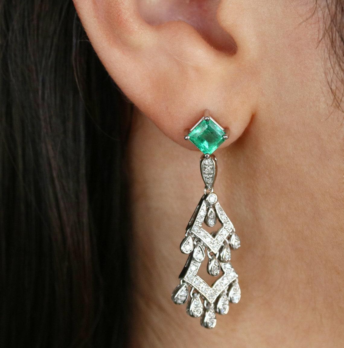 Modern 2.75tcw Emerald Diamond Chandelier Earrings White Gold Statement Jewelry For Sale