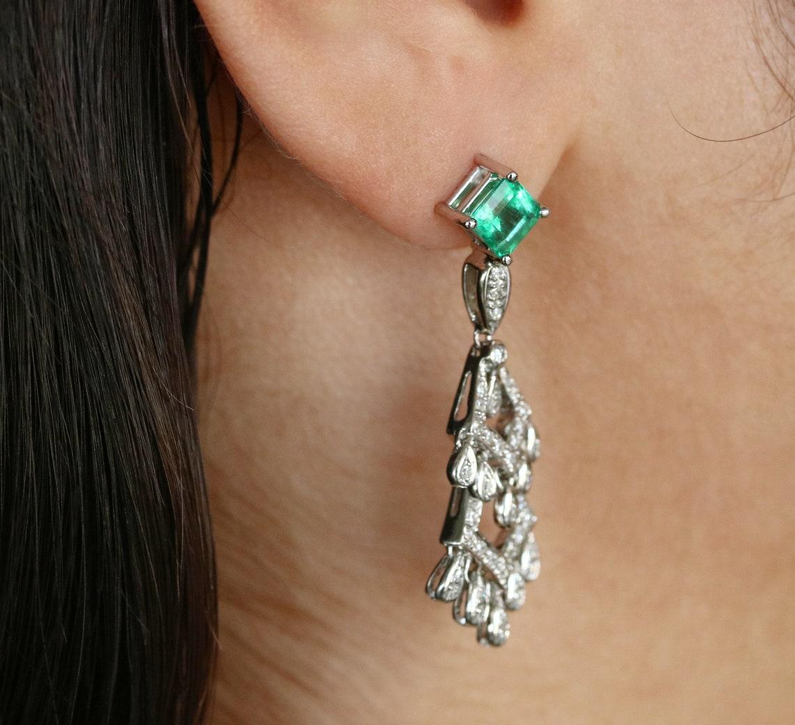 Emerald Cut 2.75tcw Emerald Diamond Chandelier Earrings White Gold Statement Jewelry For Sale
