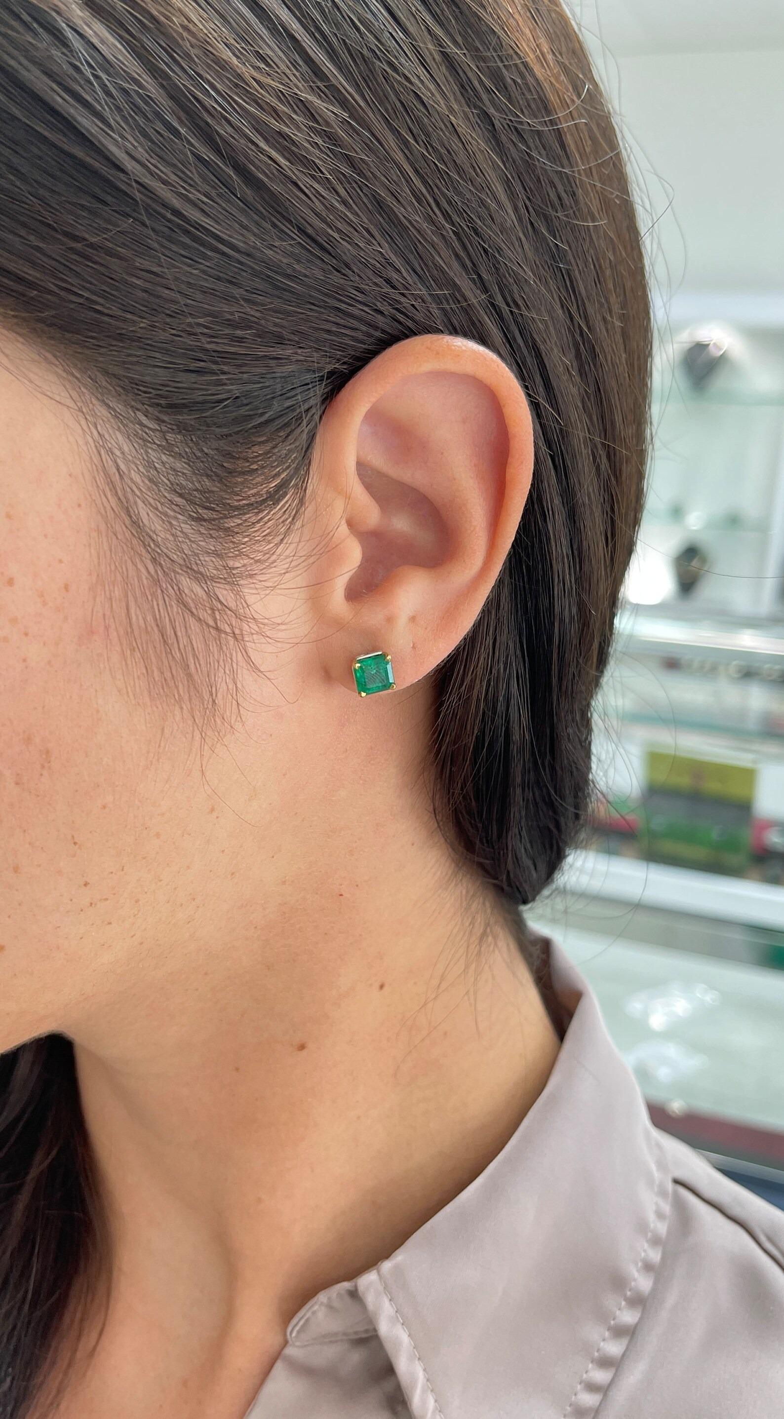 2.75tcw Vivid Dark Green Natural Emerald Asscher Cut Two Toned Stud Earrings 14K In New Condition For Sale In Jupiter, FL