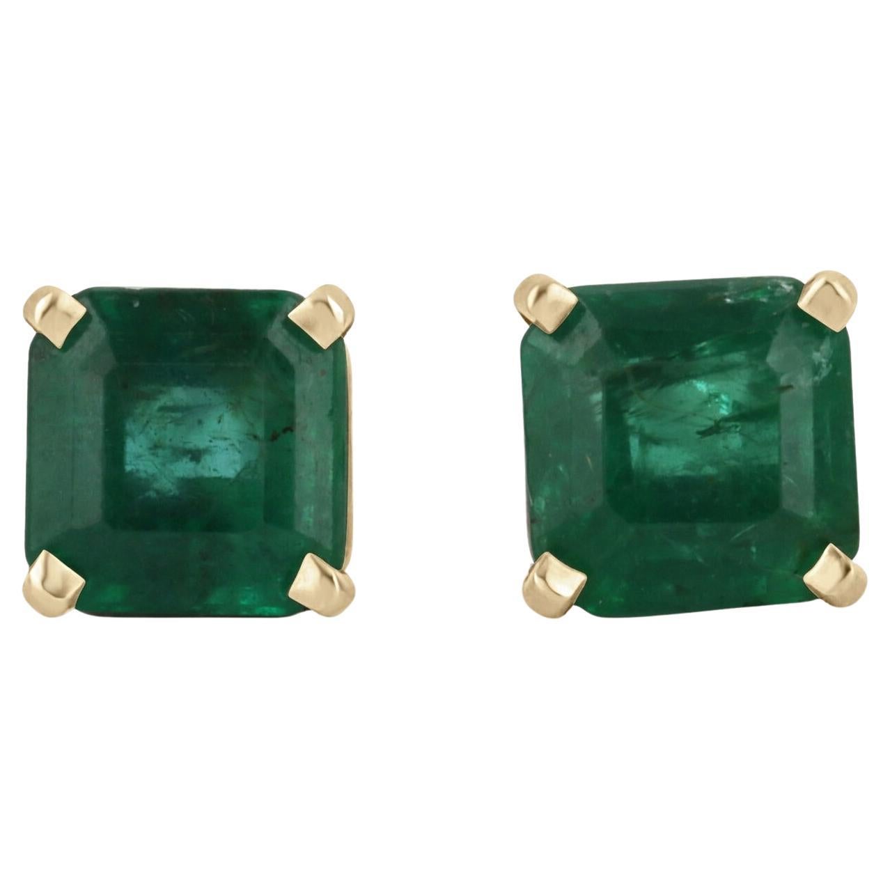 2.75tcw Vivid Dark Green Natural Emerald Asscher Cut Two Toned Stud Earrings 14K For Sale
