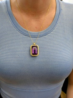 27.5x18.5mm, 22cts Amethyst Pendant w Earth Mined Diamond Halo in Solid 14K Gold