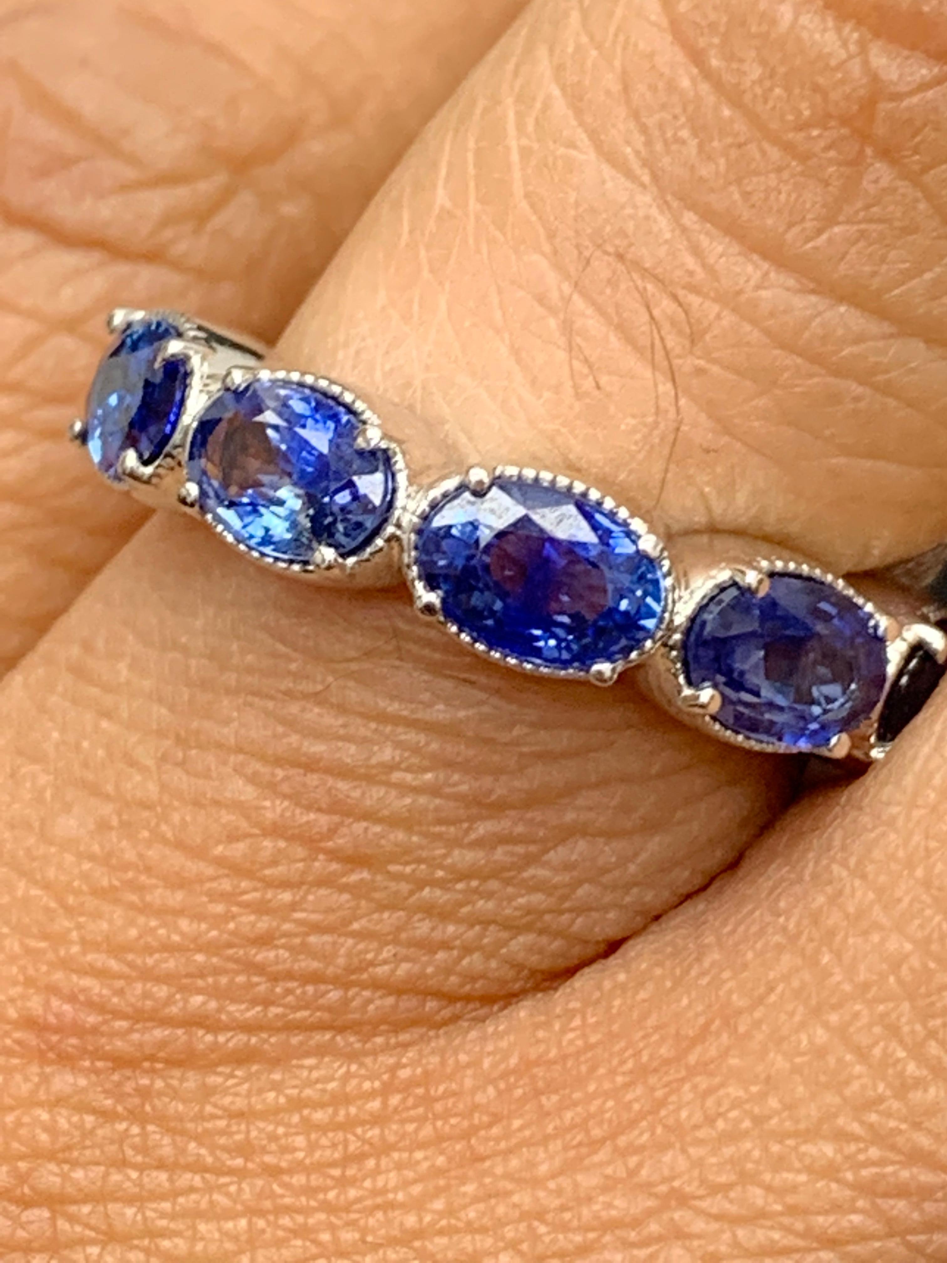 2.76 Carat Blue Sapphire and Diamond 5 Stone Wedding Band in 14k White Gold For Sale 4